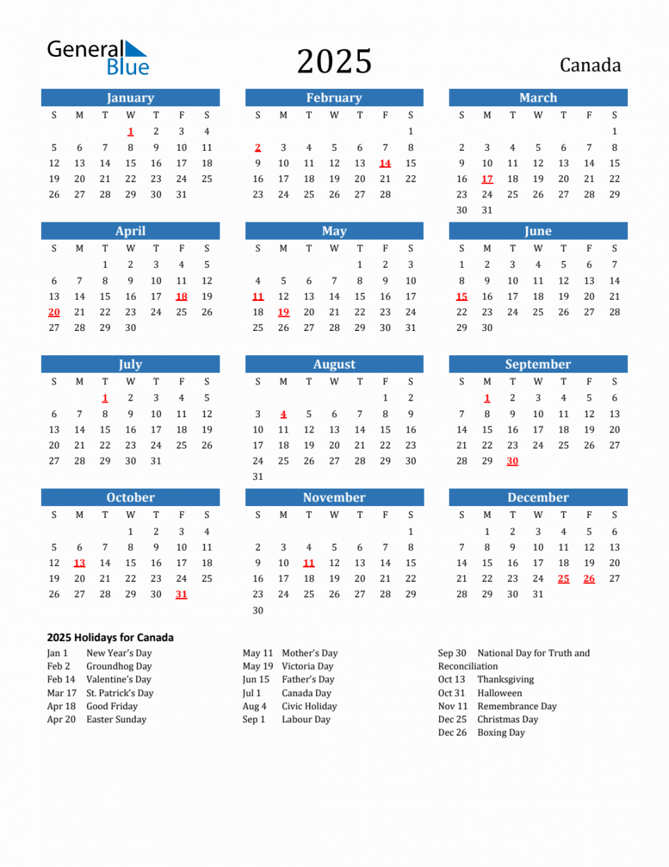 Canada calendar with holidays