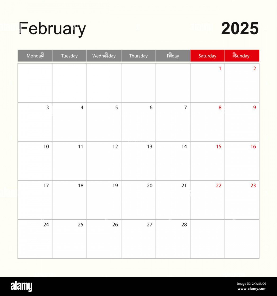 Wall calendar template for February