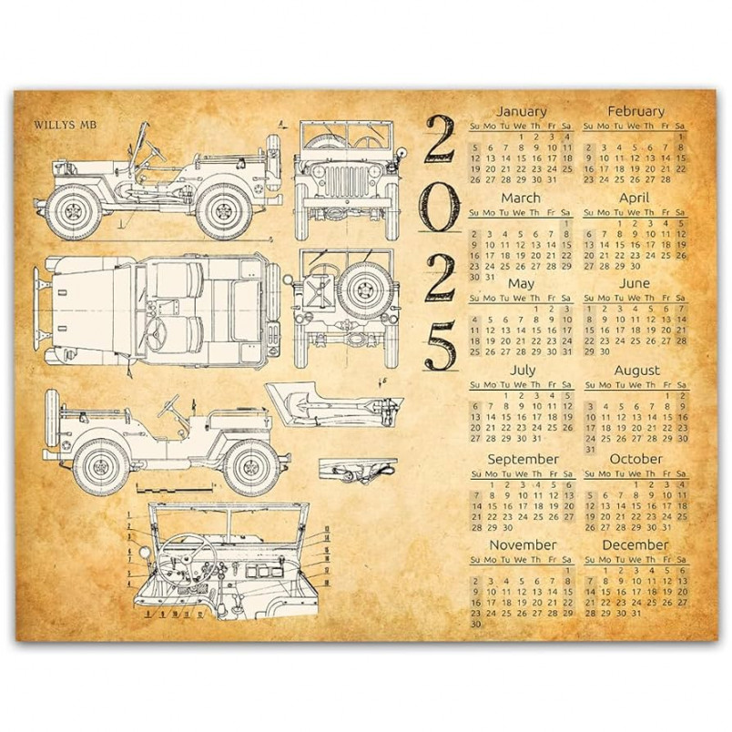 Calendar - Vintage Willys Jeep Patent - x Unframed Calendar Art  Print - Great Gift for Military, Soldiers and Veterans and Home Decor Under