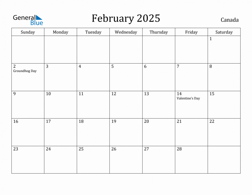 February  Monthly Calendar with Canada Holidays