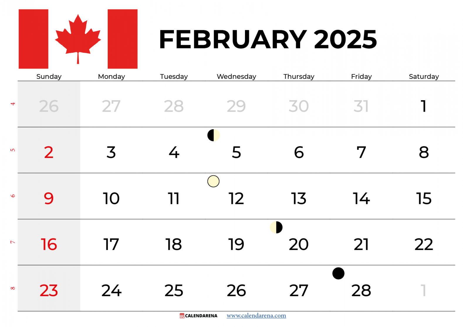 February calendar canada