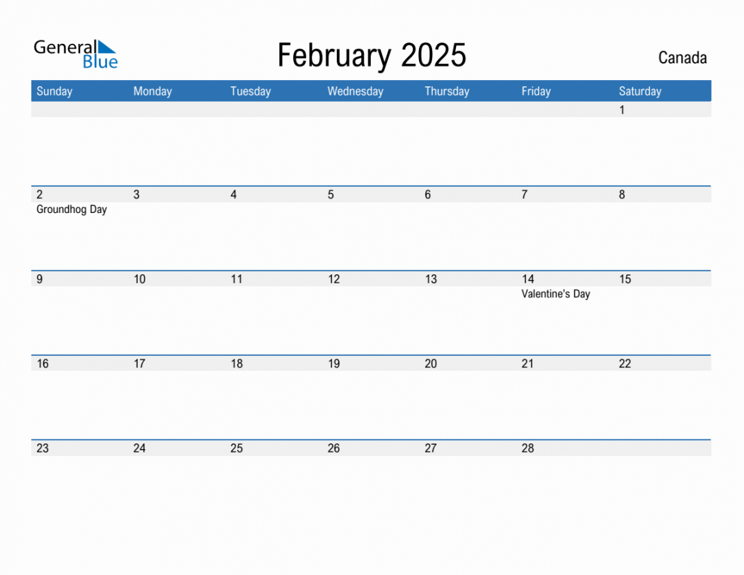 February monthly calendar with canada holidays