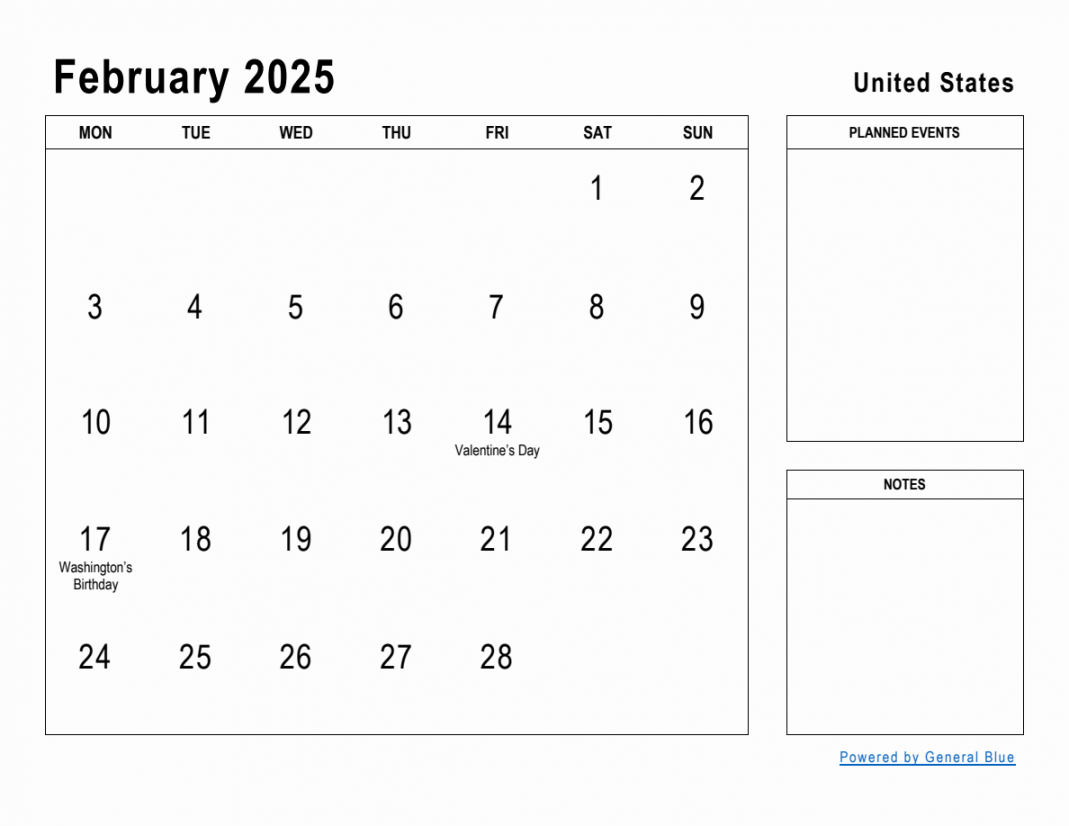 February  Planner with United States Holidays