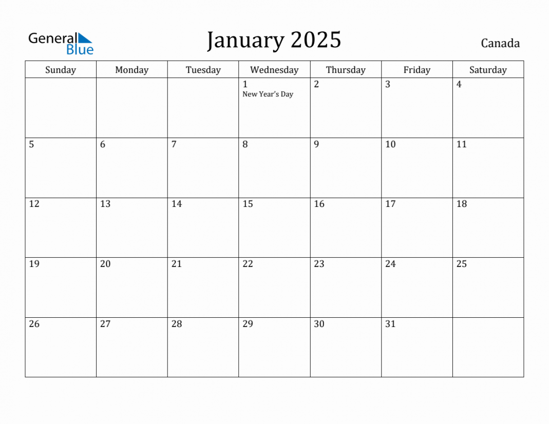 January monthly calendar with canada holidays