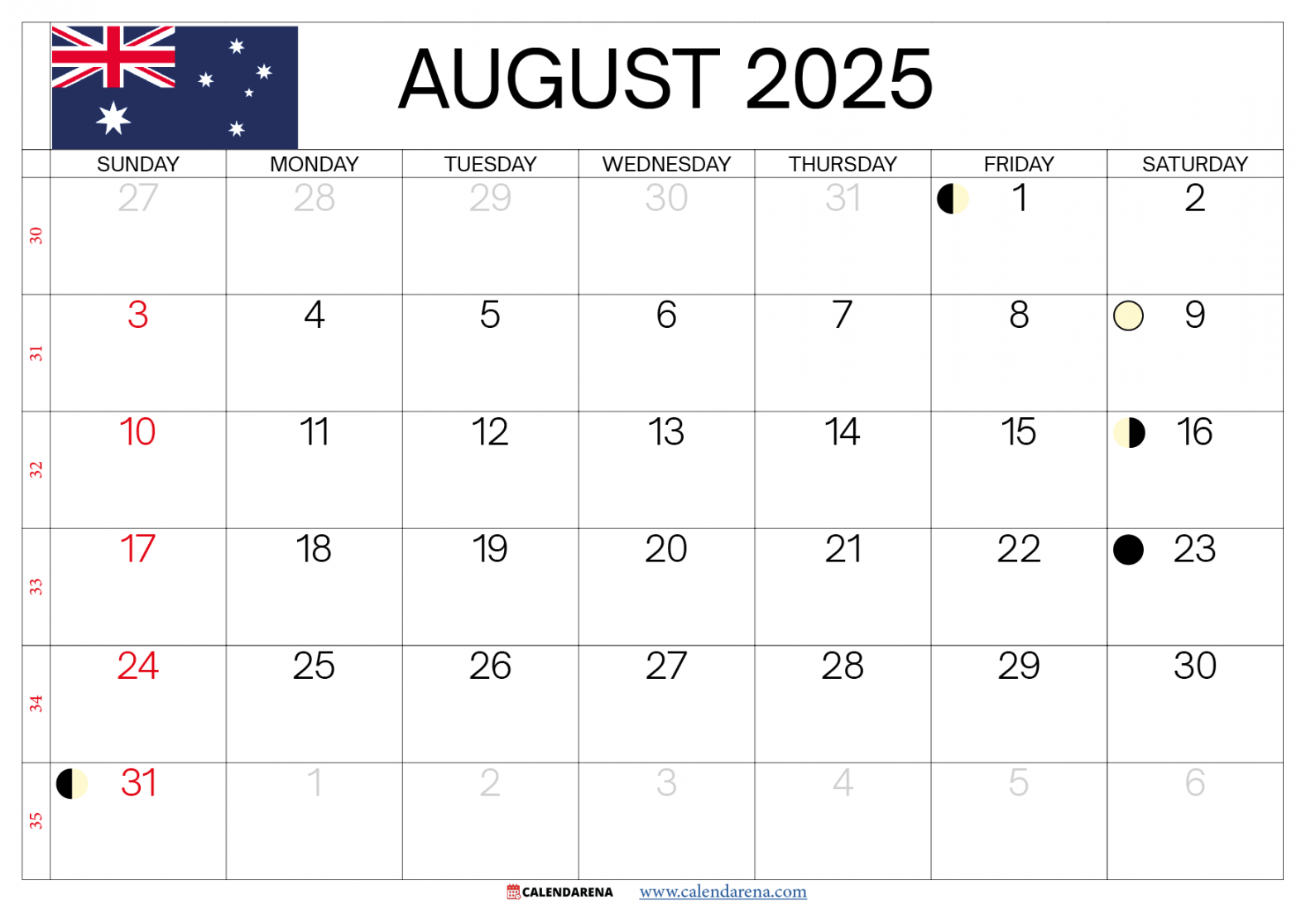 August Calendar  Australia With Holidays