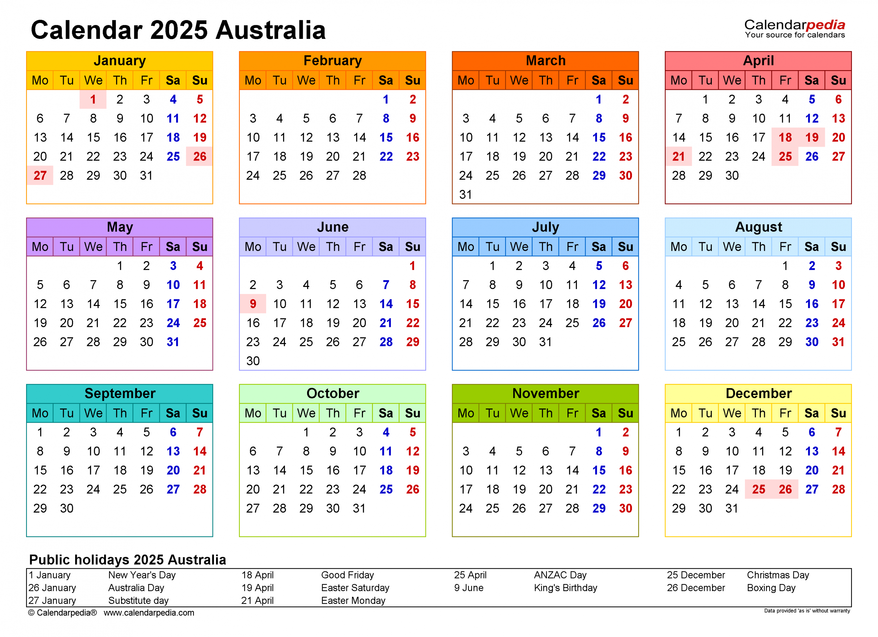 Australia Calendar  - Free Printable PDF templates