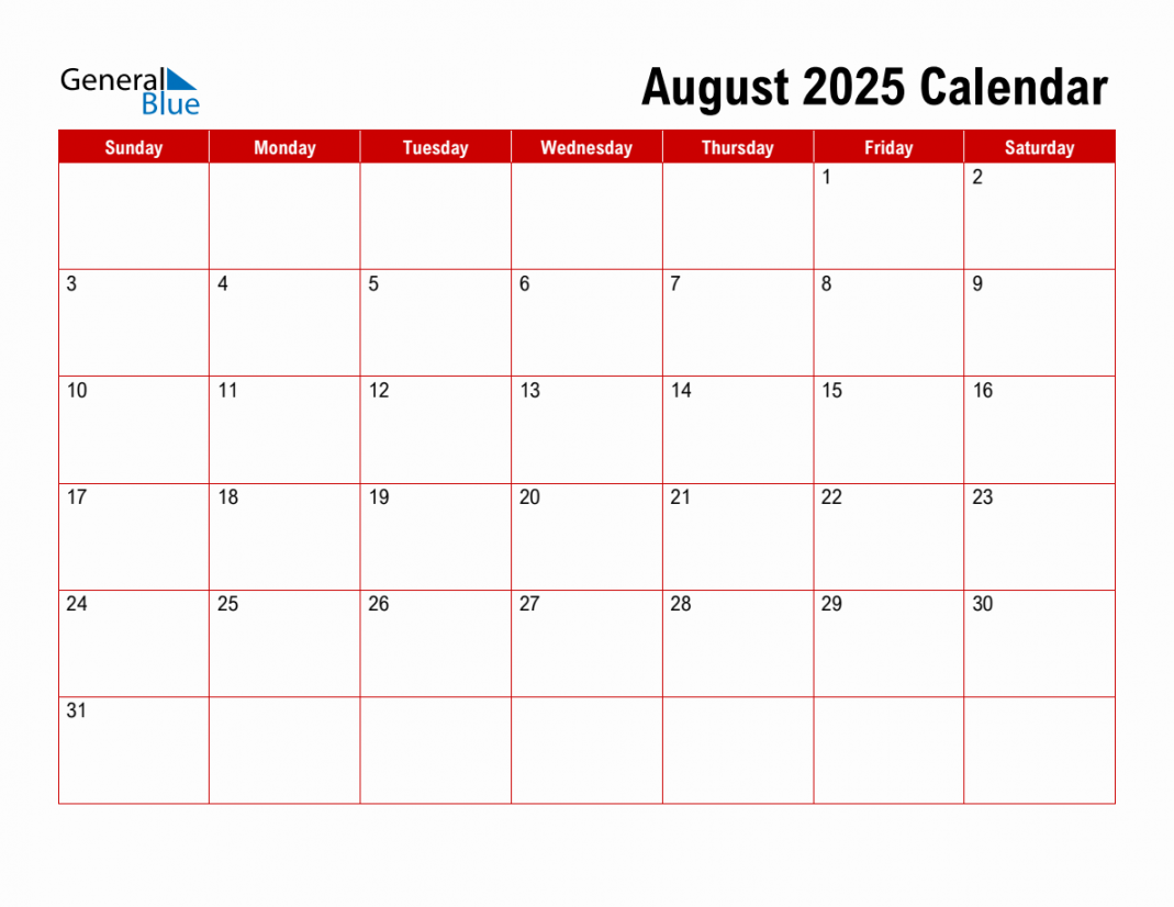 Basic Monthly Calendar - August