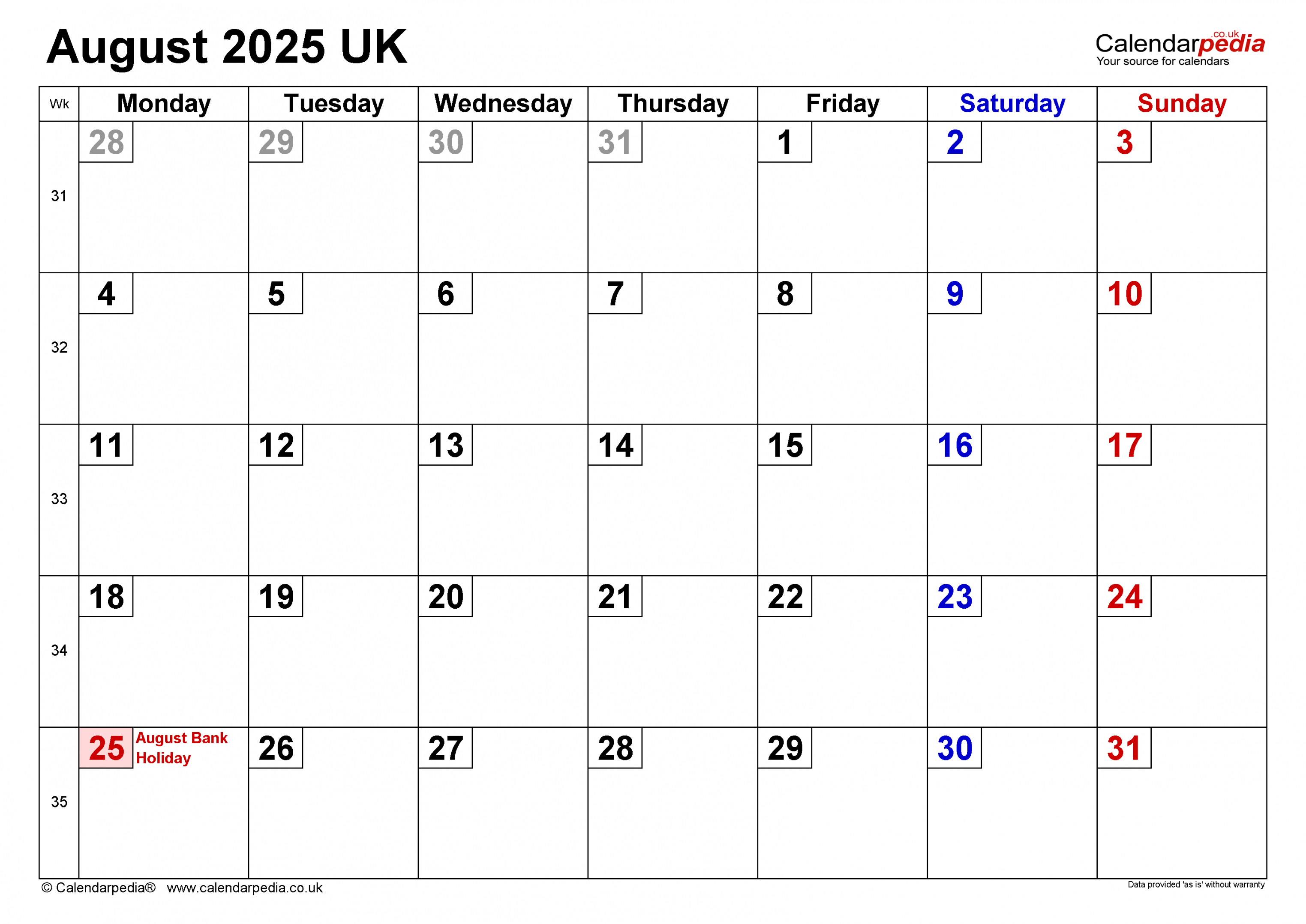 Calendar august uk with excel, word and pdf templates