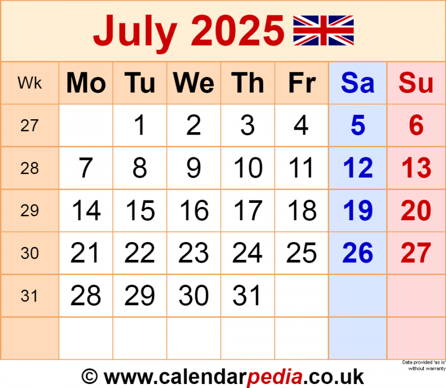 Calendar July  UK with Excel, Word and PDF templates