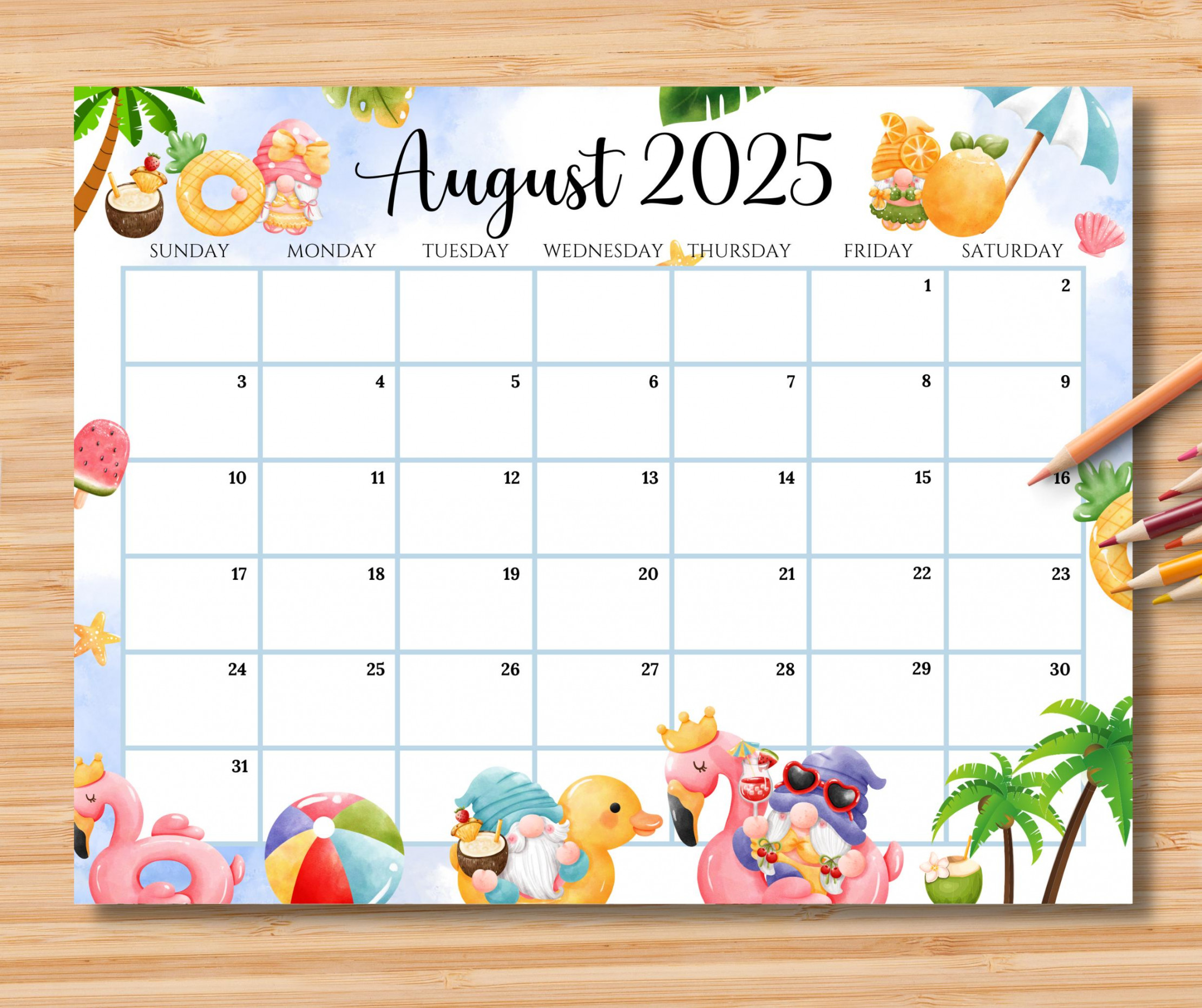 EDITABLE August  Calendar, Relaxing Summer at the Beach With