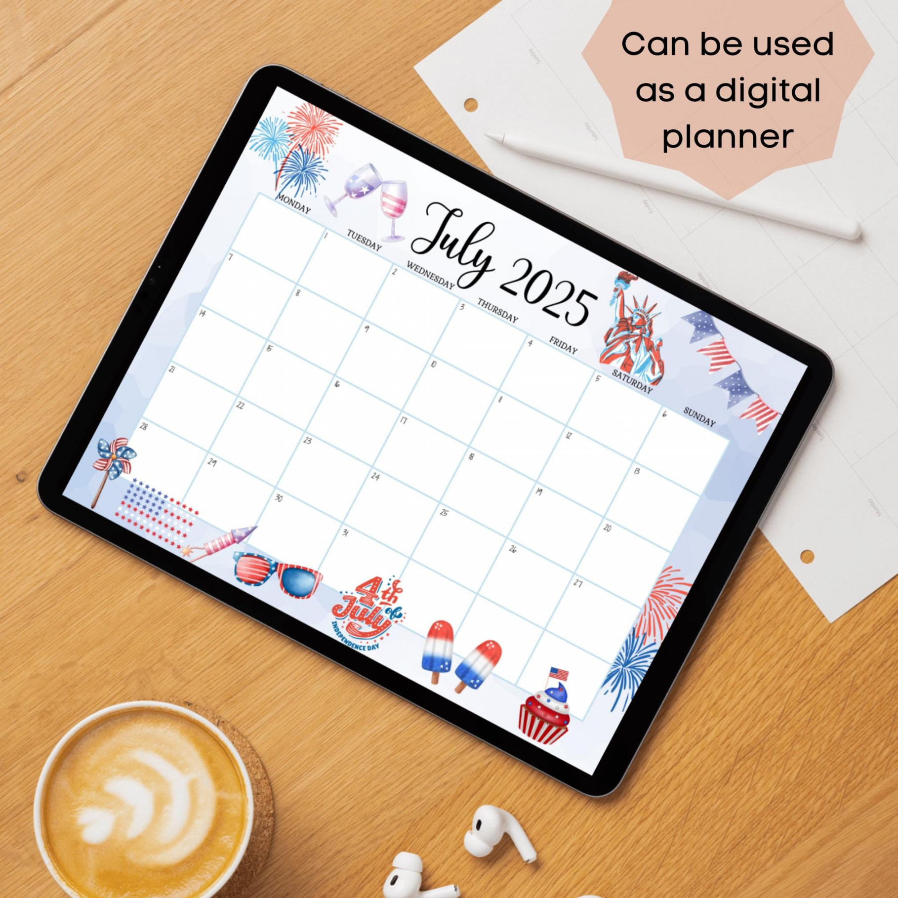 EDITABLE July  Calendar, th July Independence Day, Happy th