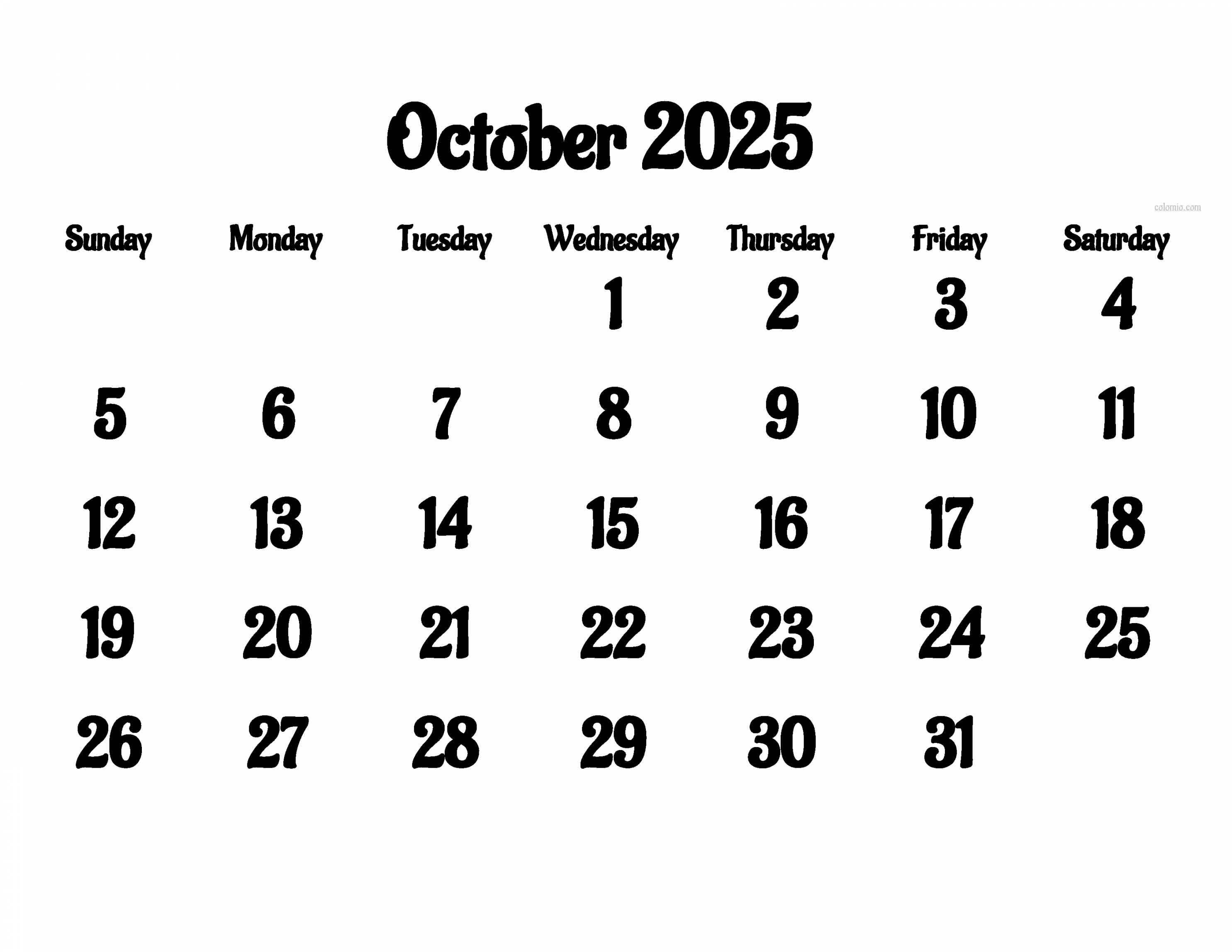 Free October  Calendar  Printable PDF, XLS, PNG Formats