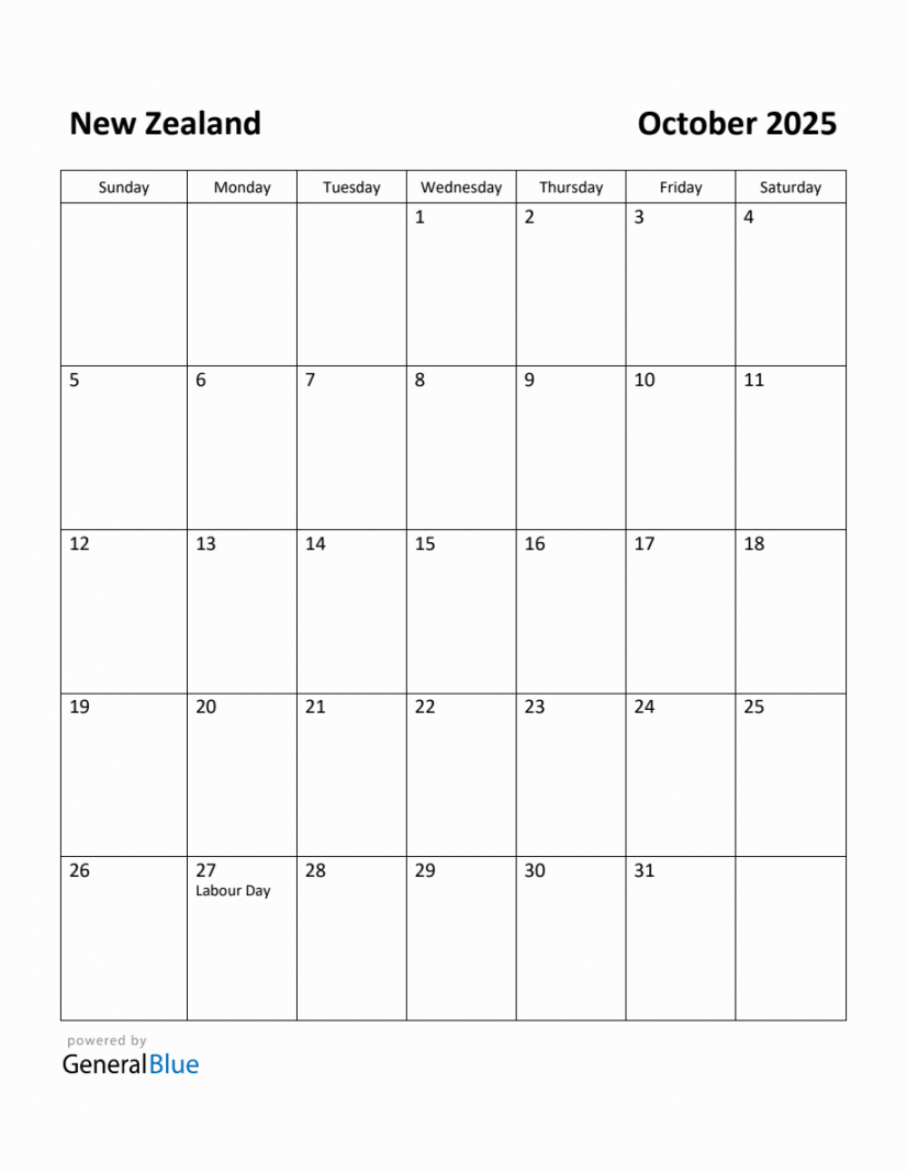 Free Printable October  Calendar for New Zealand