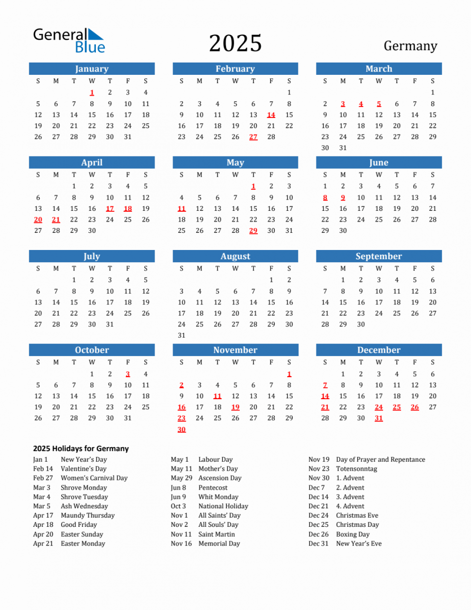 Germany Calendar with Holidays