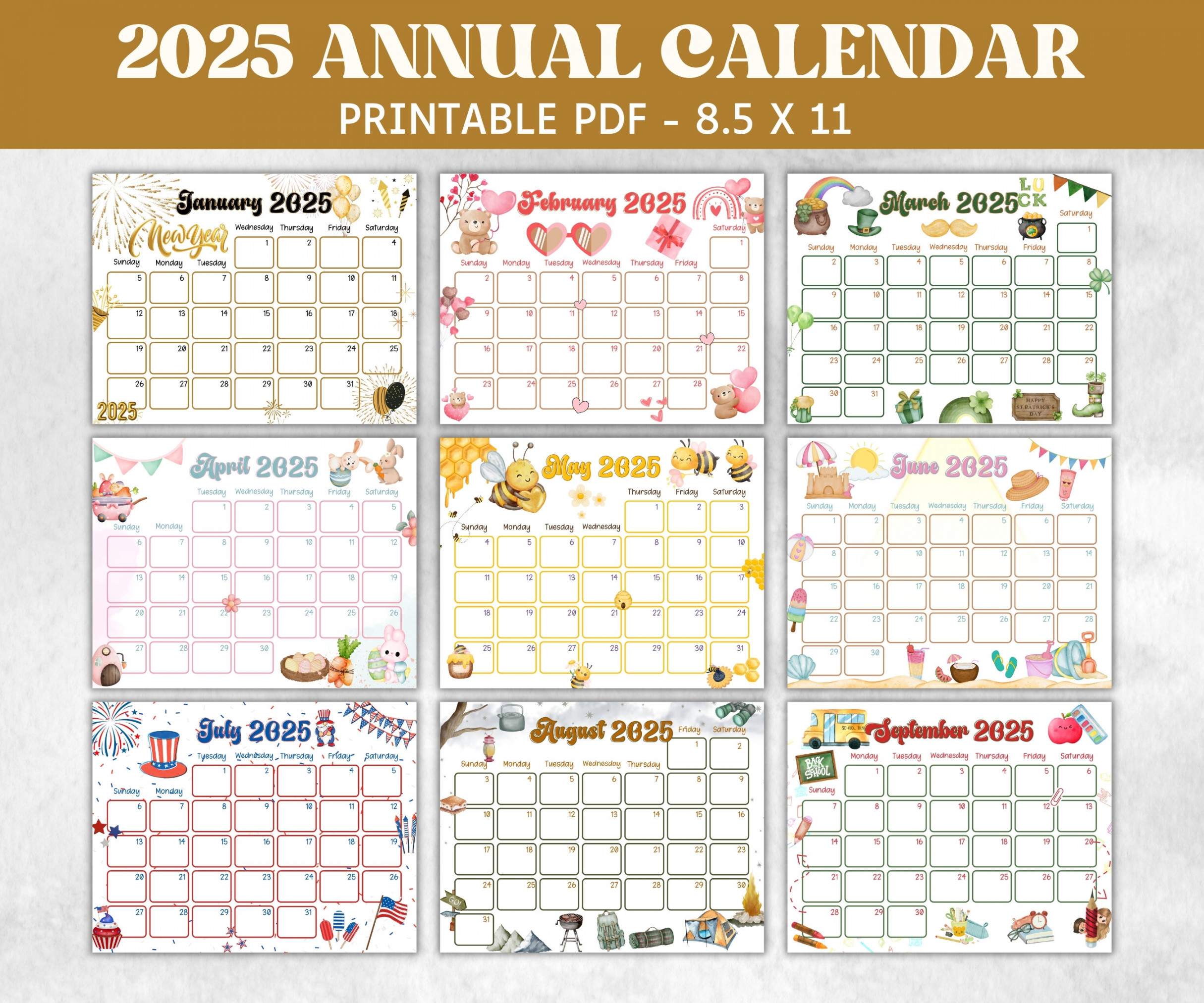 Kids annual monthly calendar, printable calendar