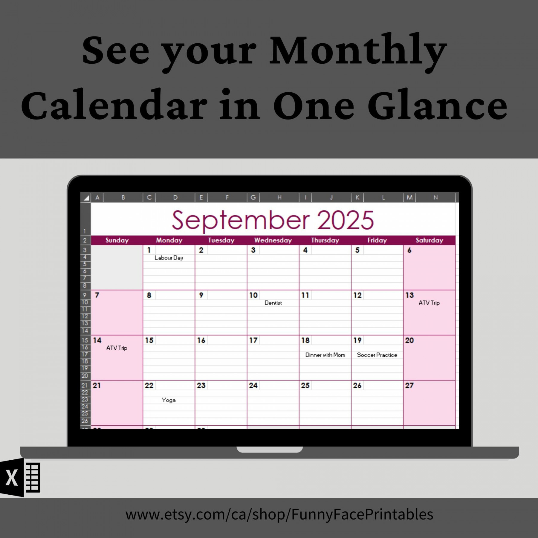 Monthly Calendar Template, Excel Monthly Calendar Template