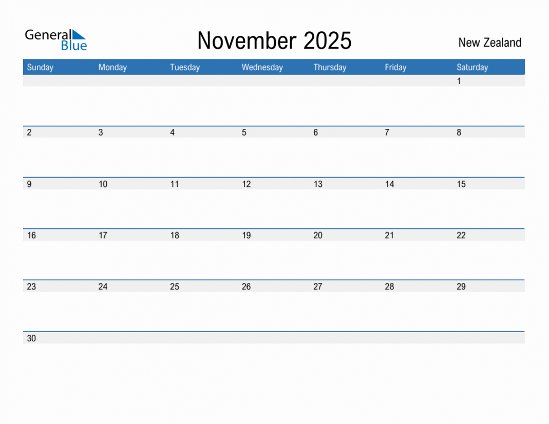 November monthly calendar with new zealand holidays