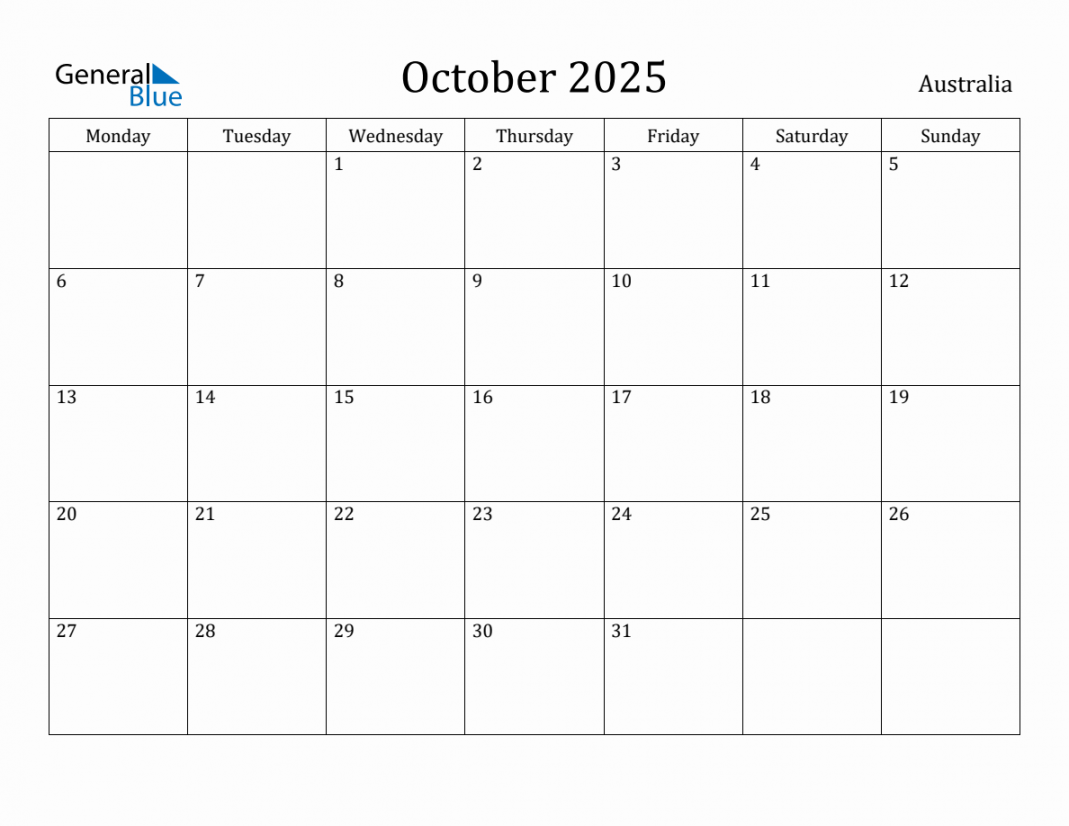 October  - Australia Monthly Calendar with Holidays