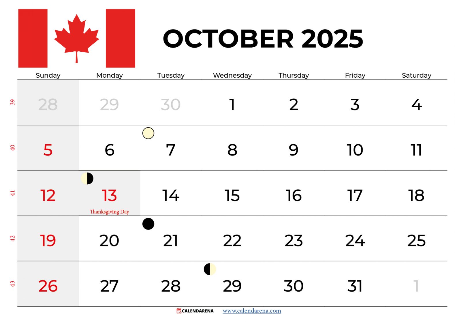 October  Calendar Canada With Holidays