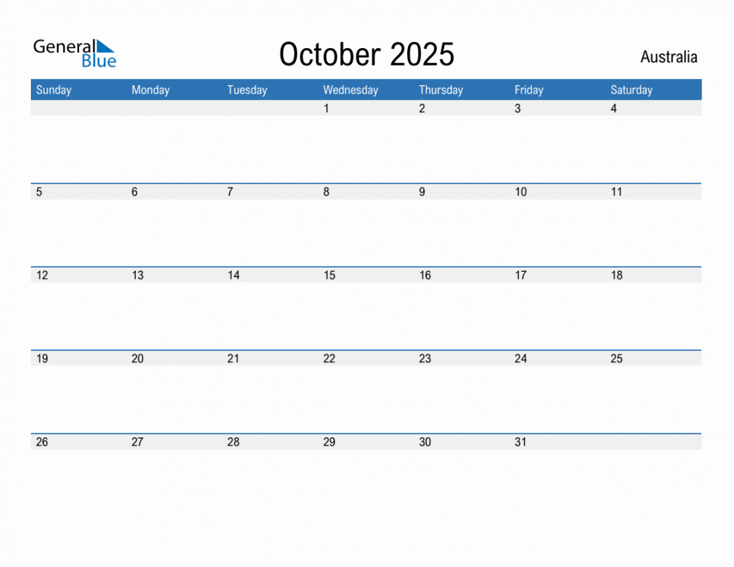 October monthly calendar with australia holidays