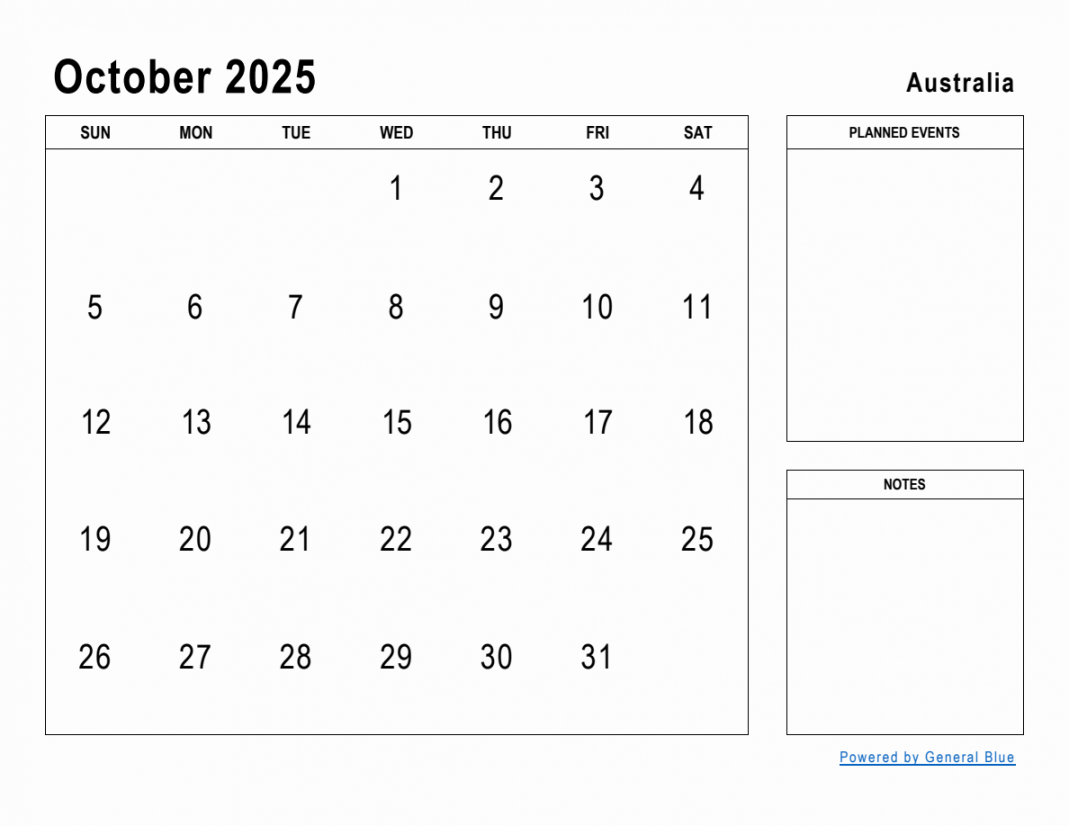 October  Planner with Australia Holidays