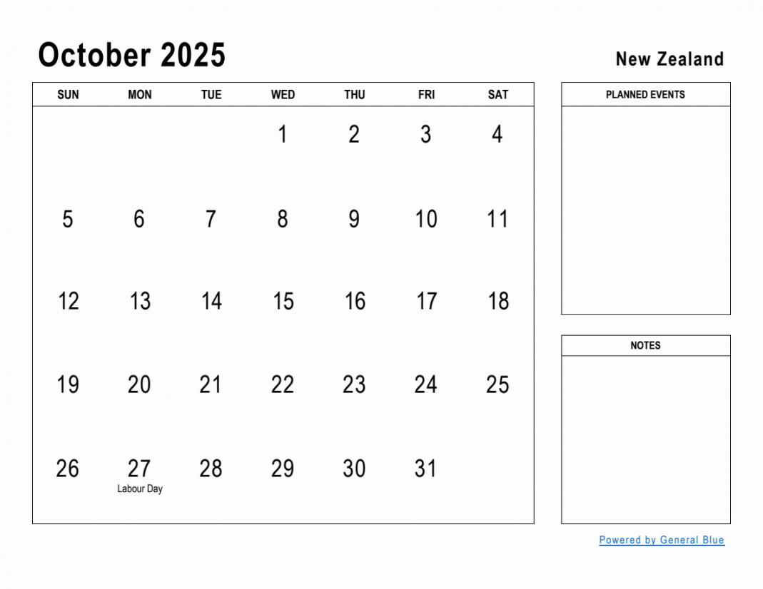 October  Planner with New Zealand Holidays