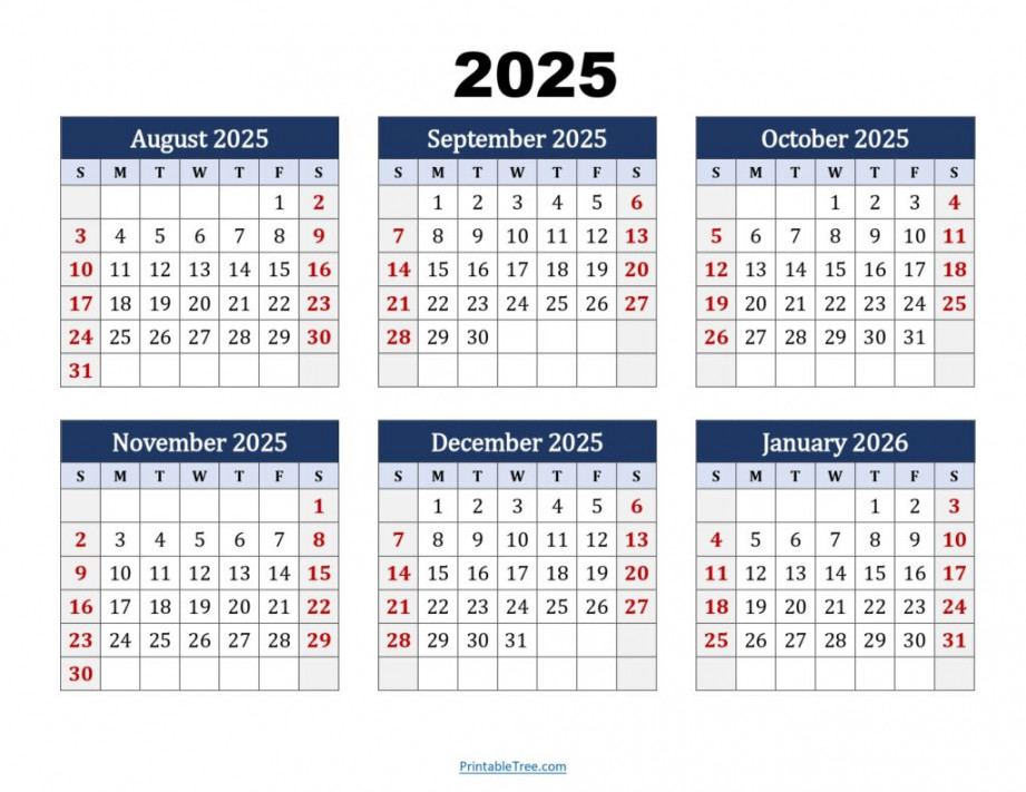 Six Month Calendar - Printable PDF-  Months Calendar