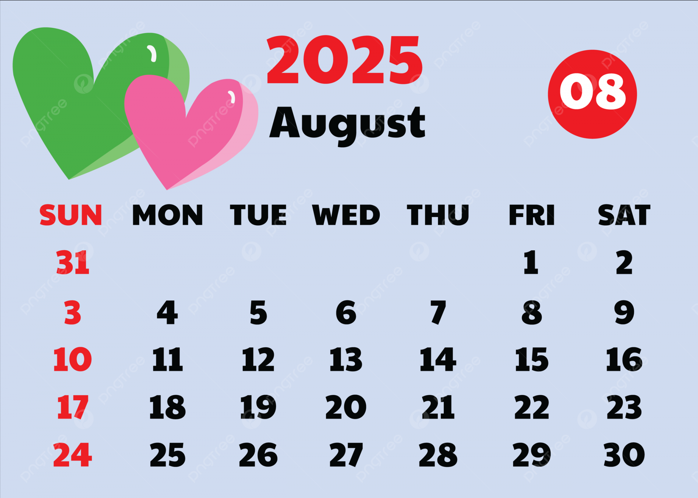 August Calendar Cute Design Vector With Hearts Background