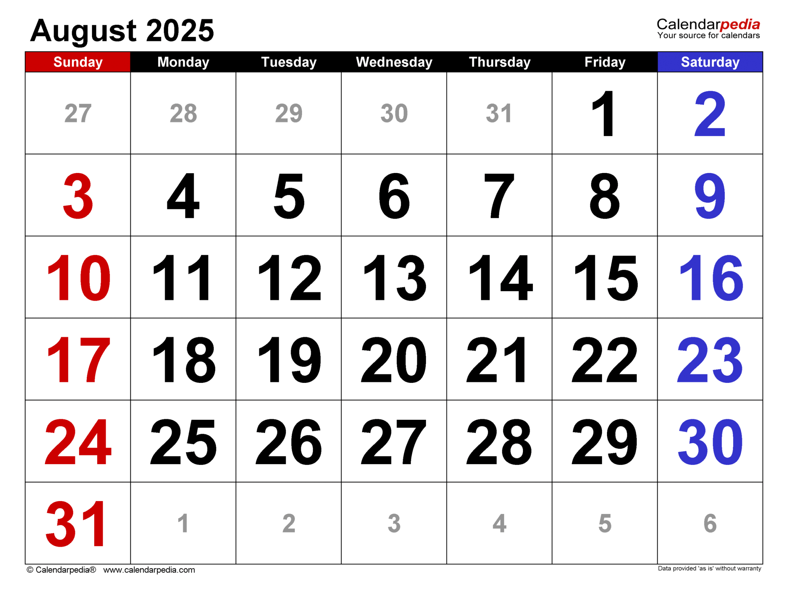 August  Calendar  Templates for PDF, Excel and Word