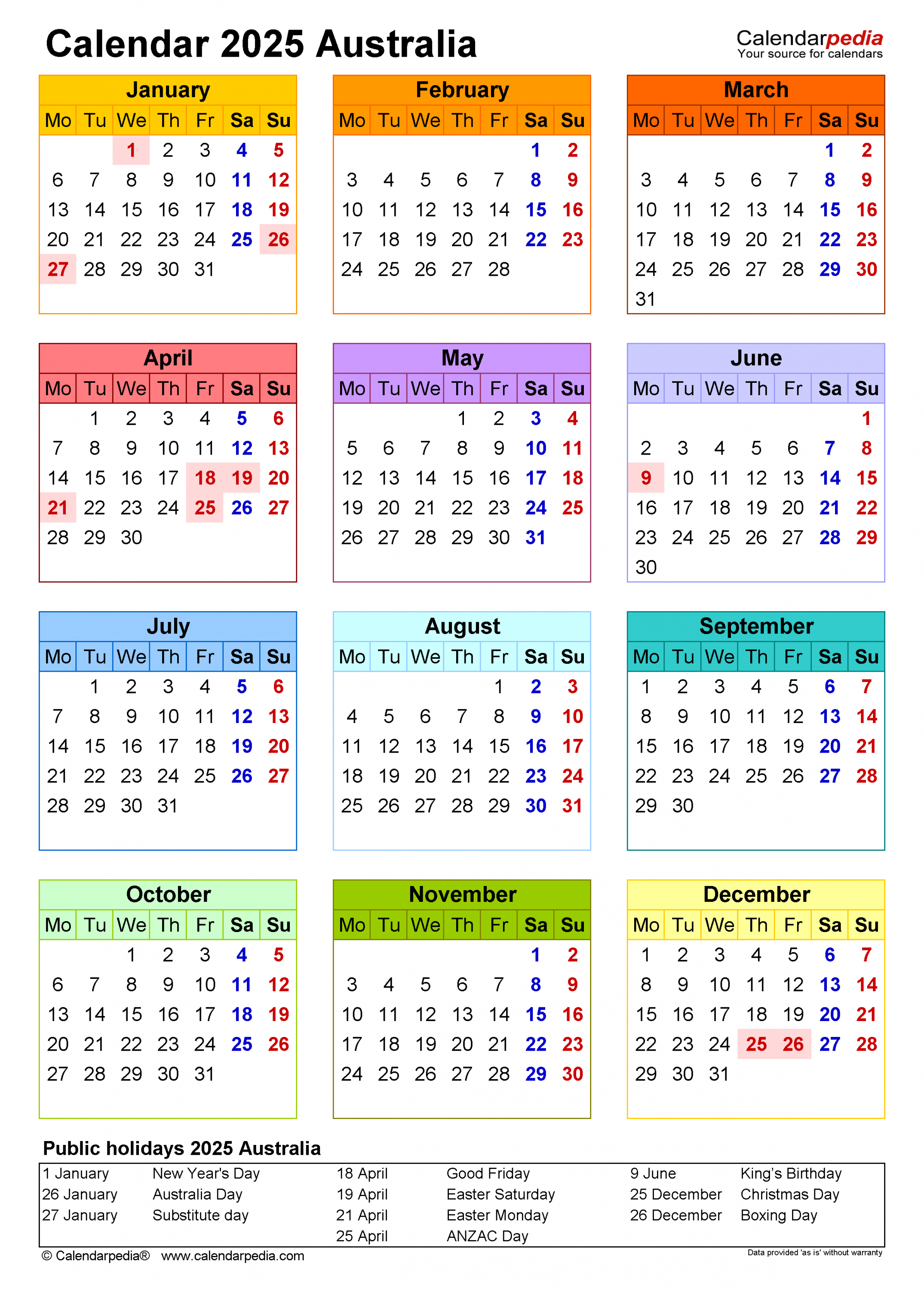 Australia Calendar  - Free Printable PDF templates