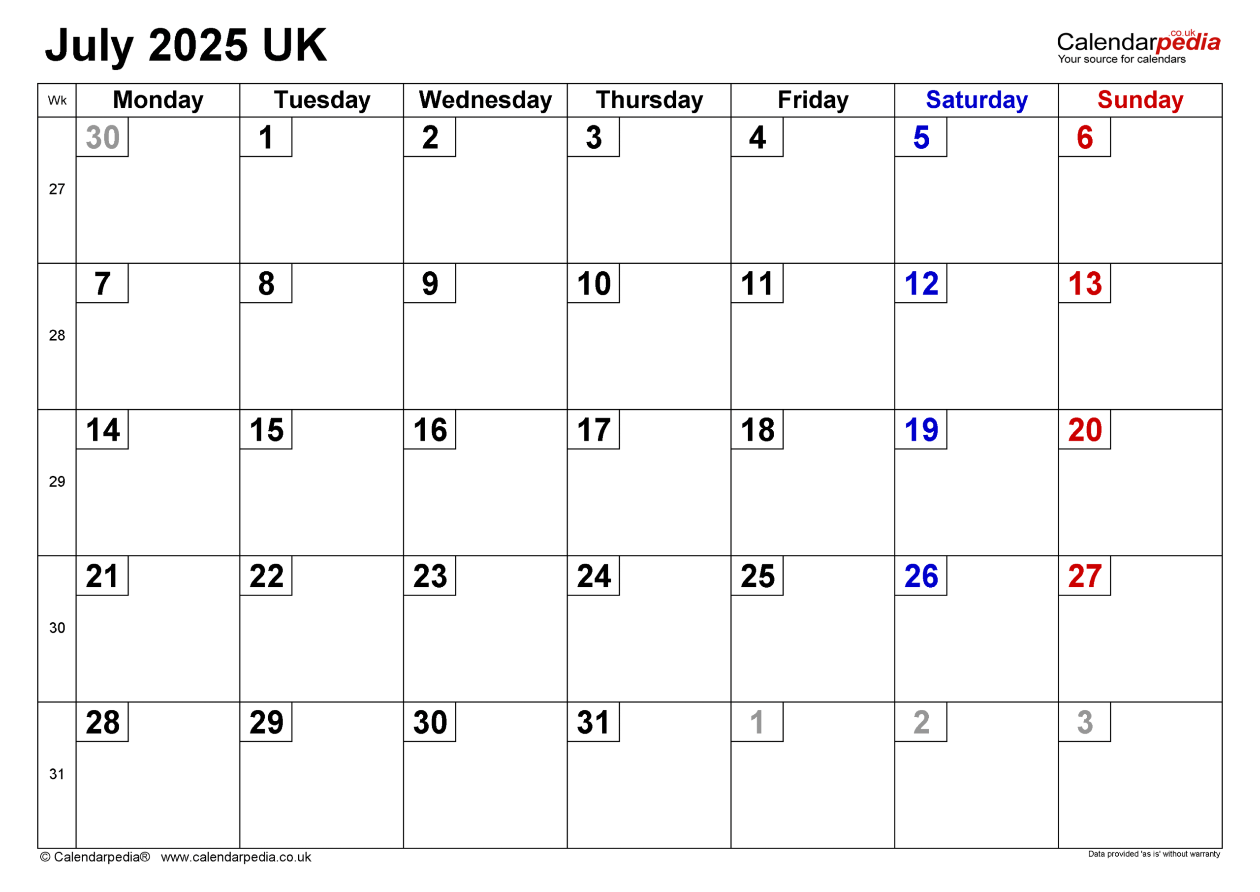 Calendar July  UK with PDF, Excel and Word templates