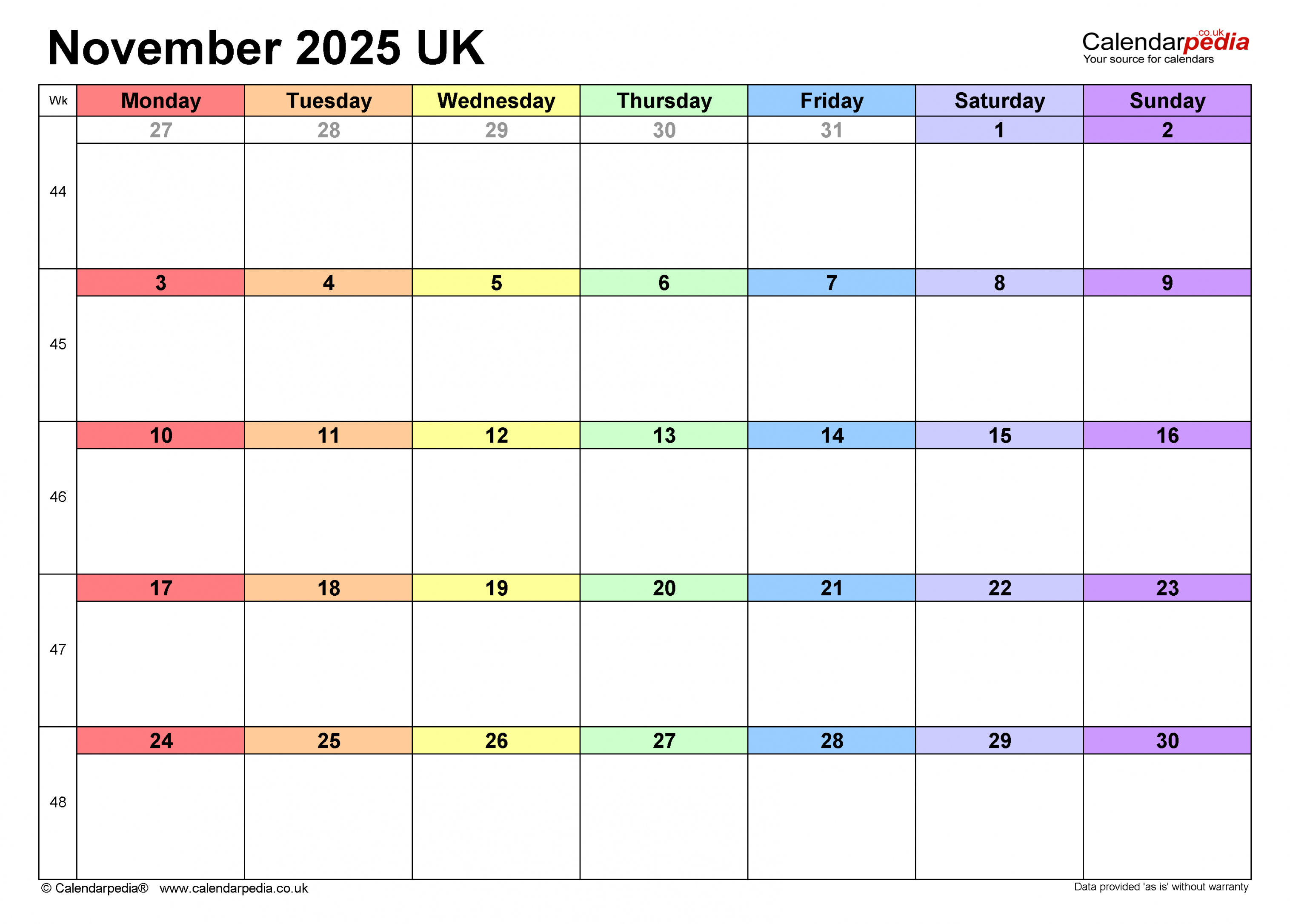 Calendar November  UK with PDF, Excel and Word templates