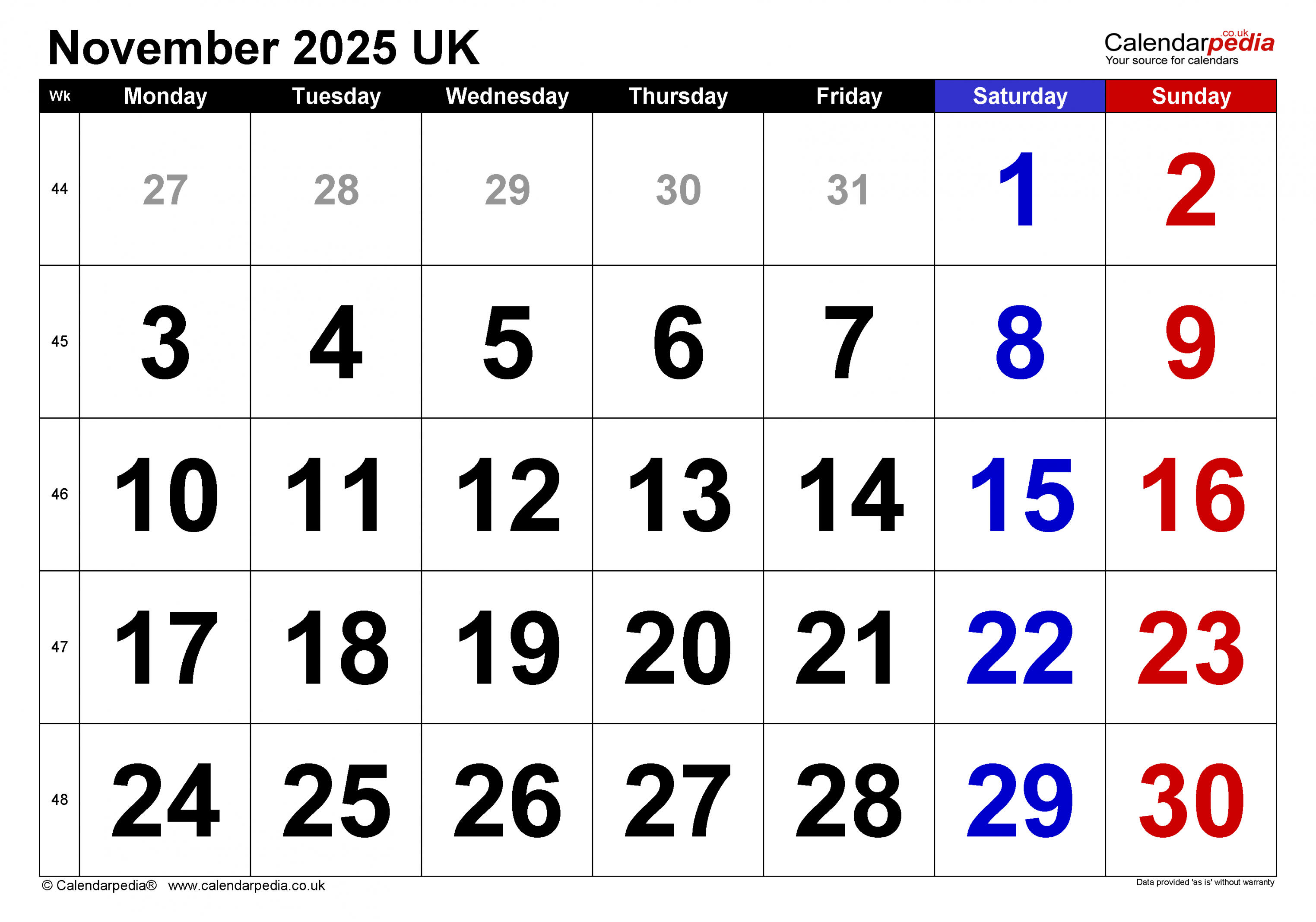 Calendar November  UK with PDF, Excel and Word templates