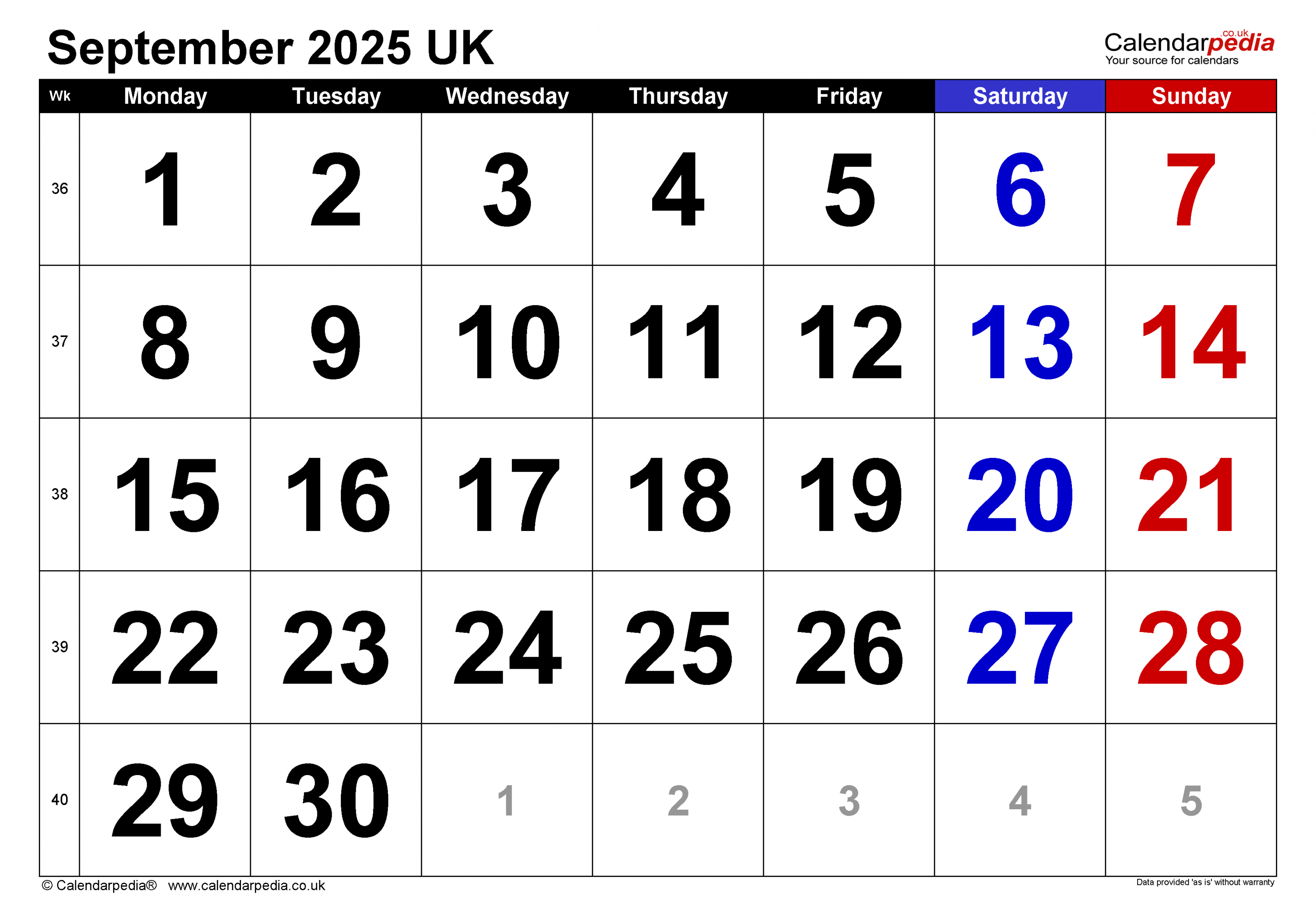 Calendar September  UK with PDF, Excel and Word templates