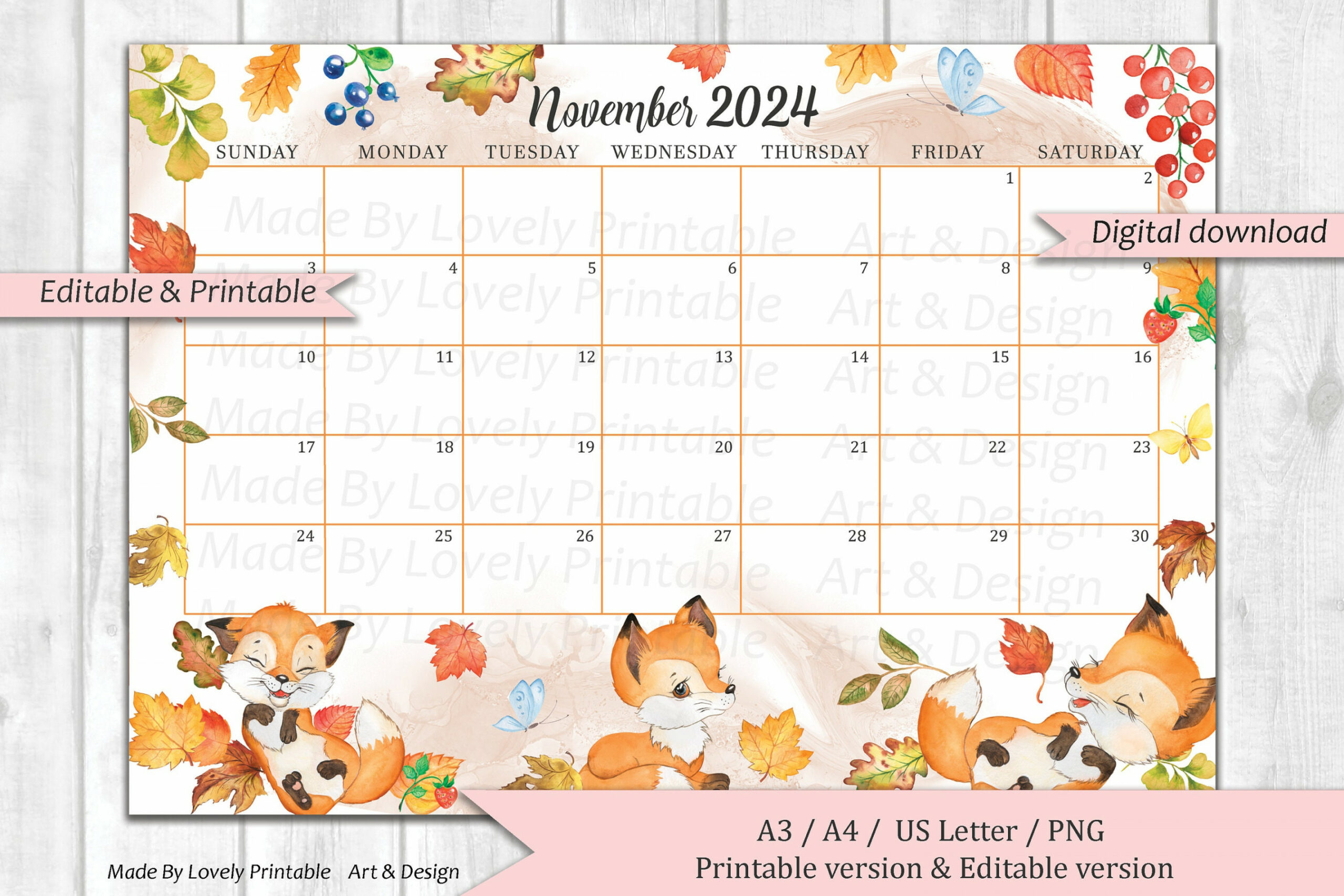 EDITABLE November  Calendar, Cute watercolor fox, Forest animal,  Calendar for kids, Printable Fillable Planner, Kid