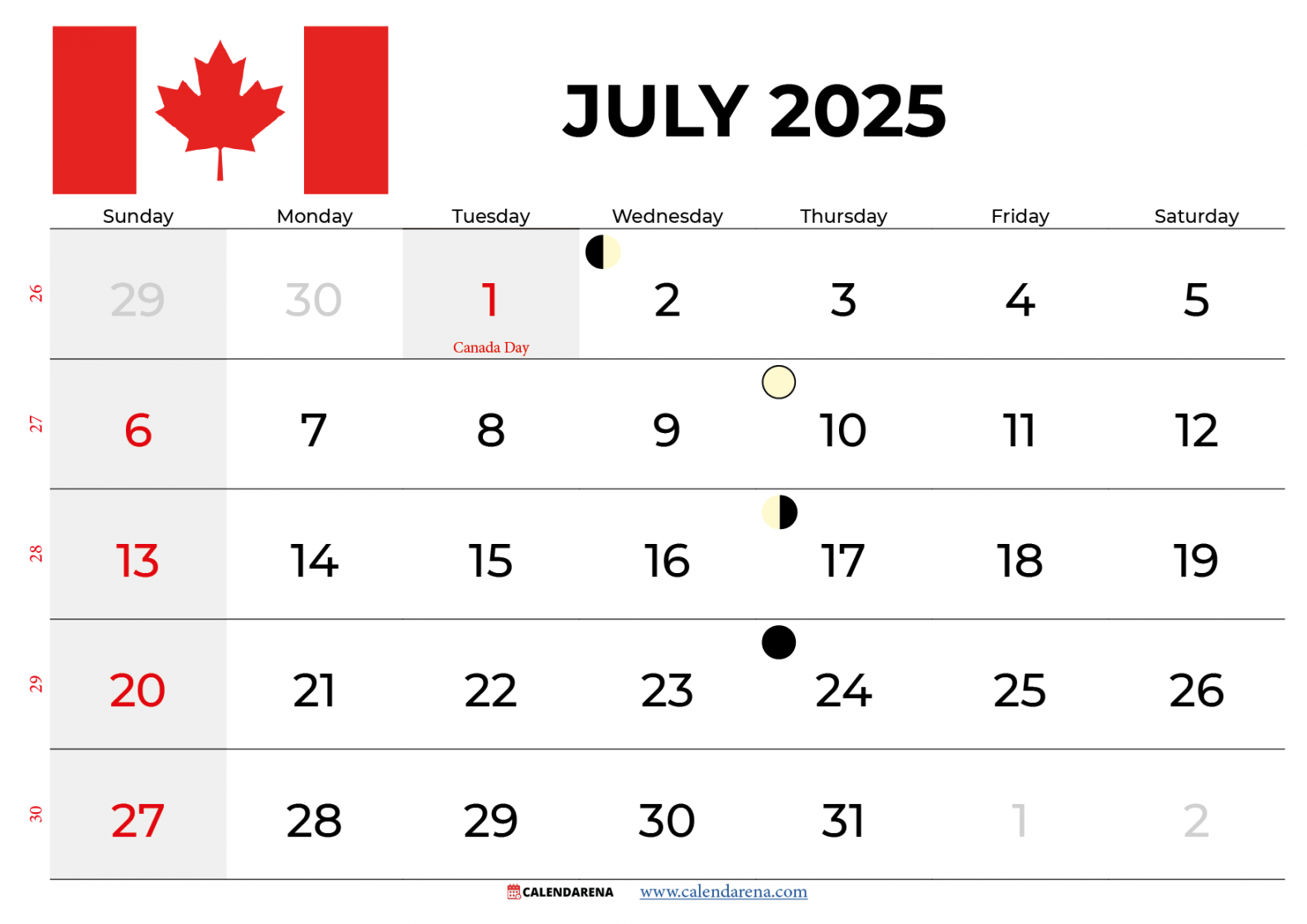 July  calendar Canada with holidays