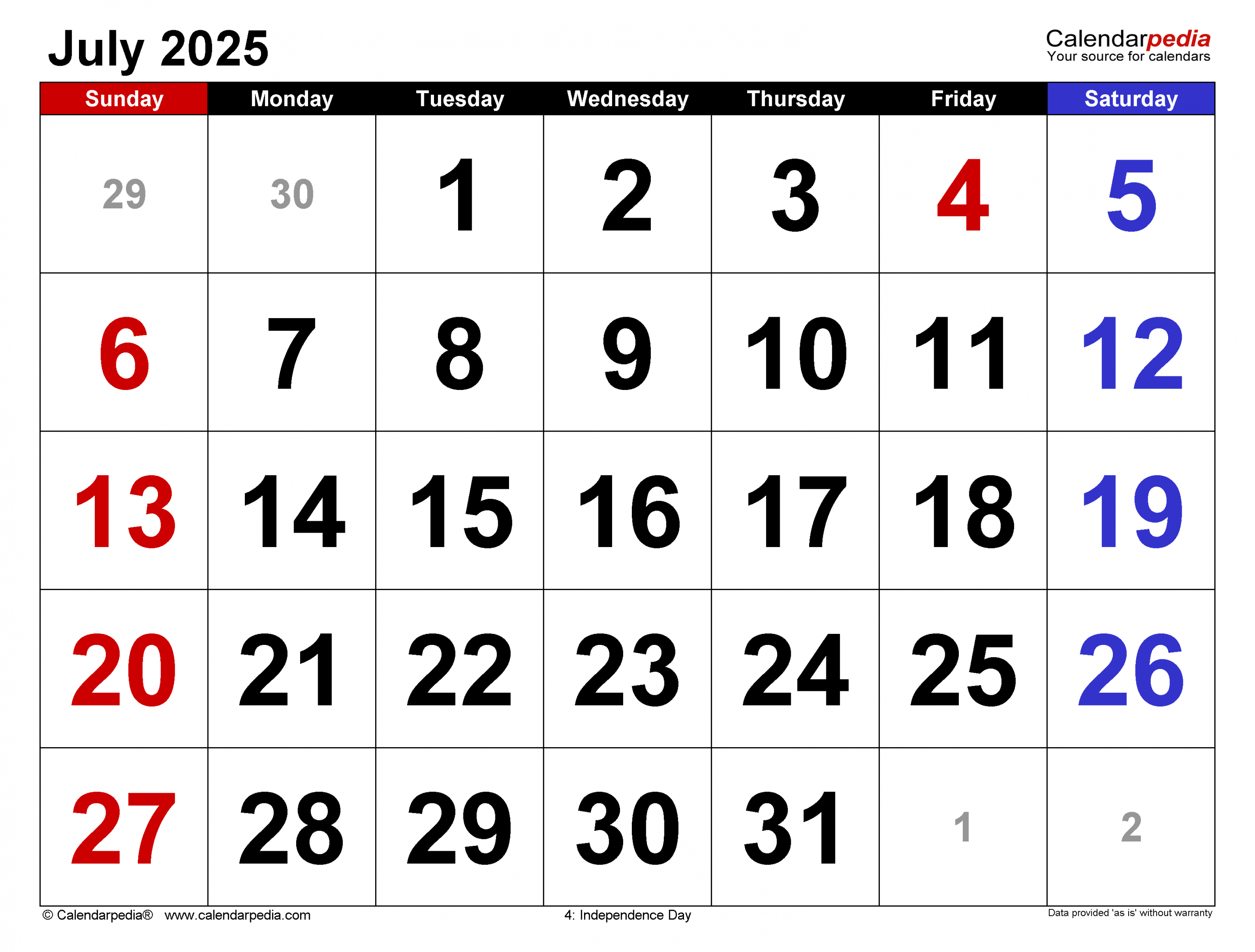 July  Calendar  Templates for PDF, Excel and Word