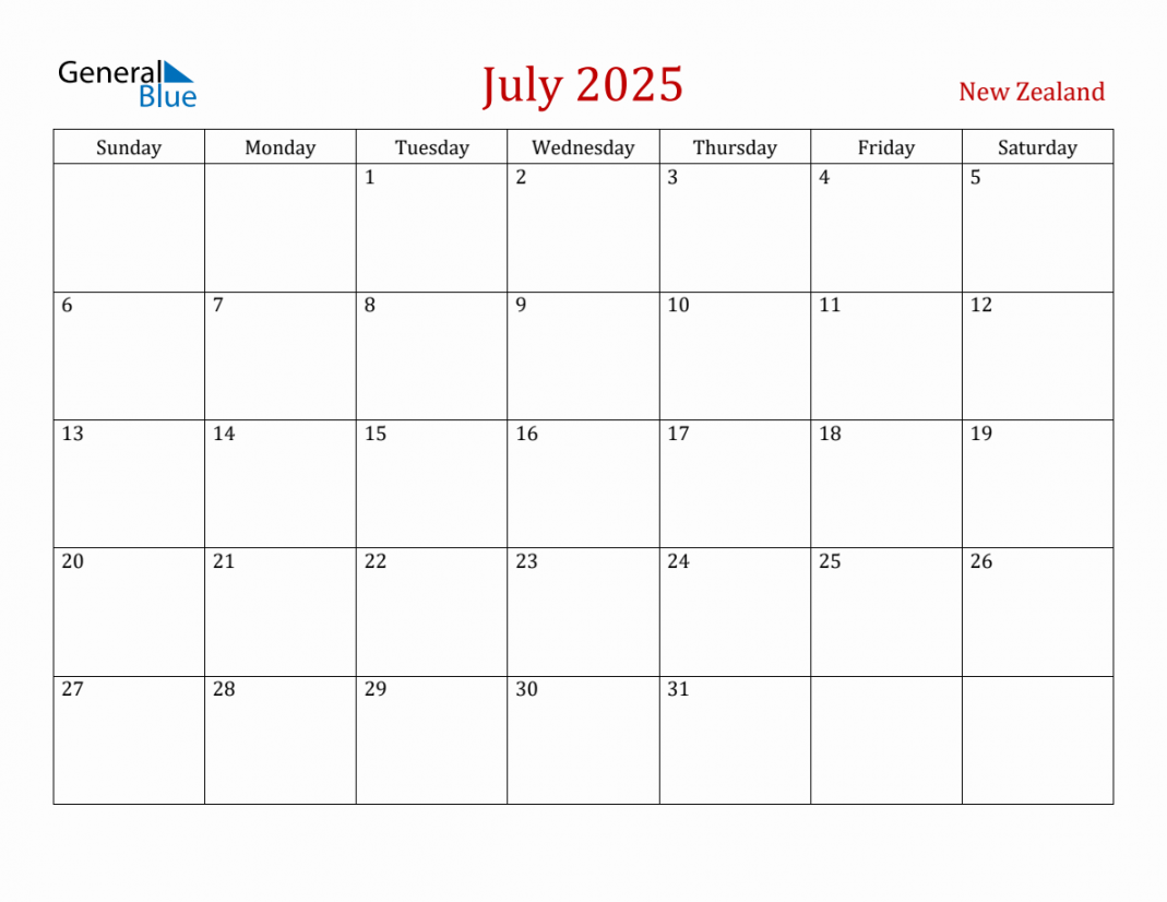 July new zealand monthly calendar with holidays
