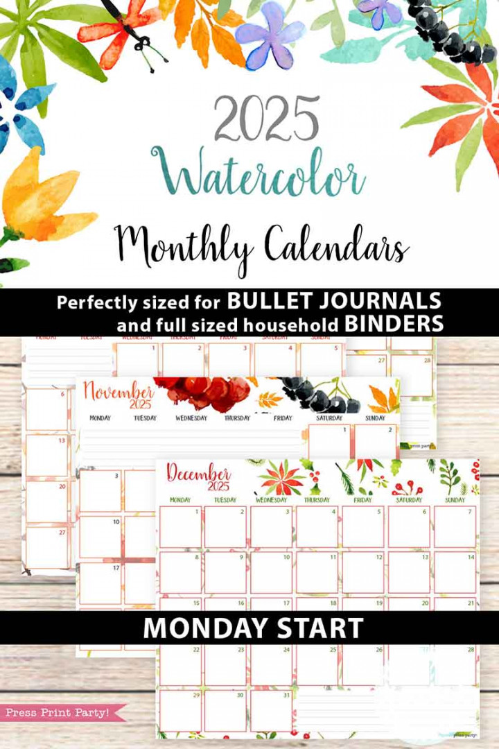 Monday start monthly calendars for bullet journals or binders, watercolor [printable]