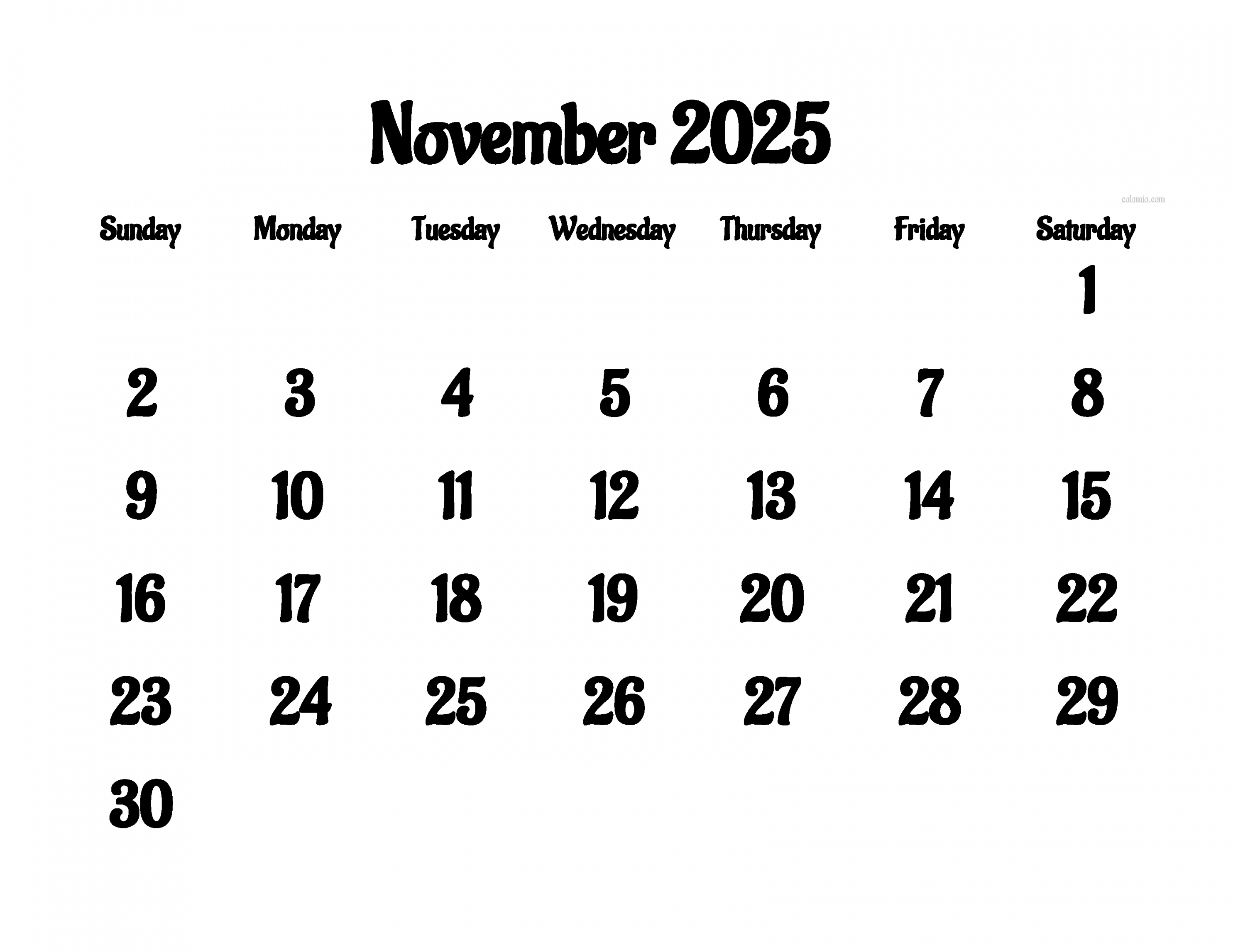 November  Calendar  Free Printable PDF, XLS and PNG