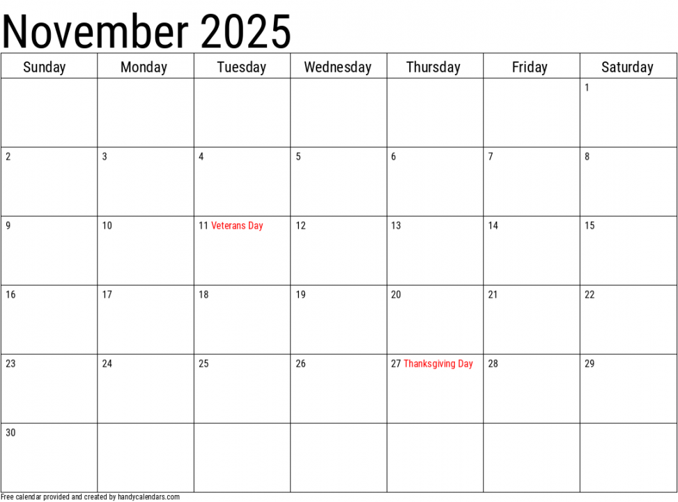 November Calendars - Handy Calendars