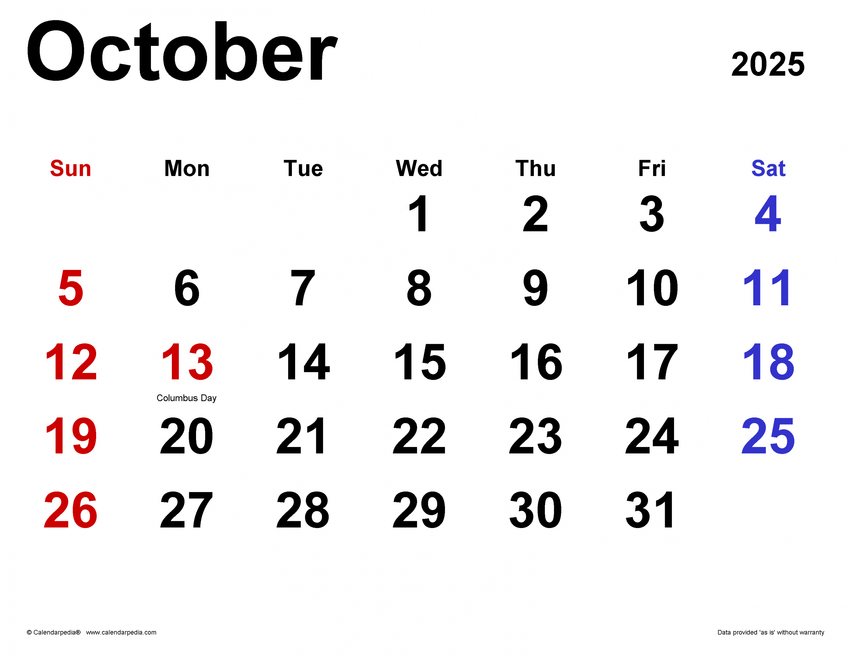 October  Calendar  Templates for PDF, Excel and Word