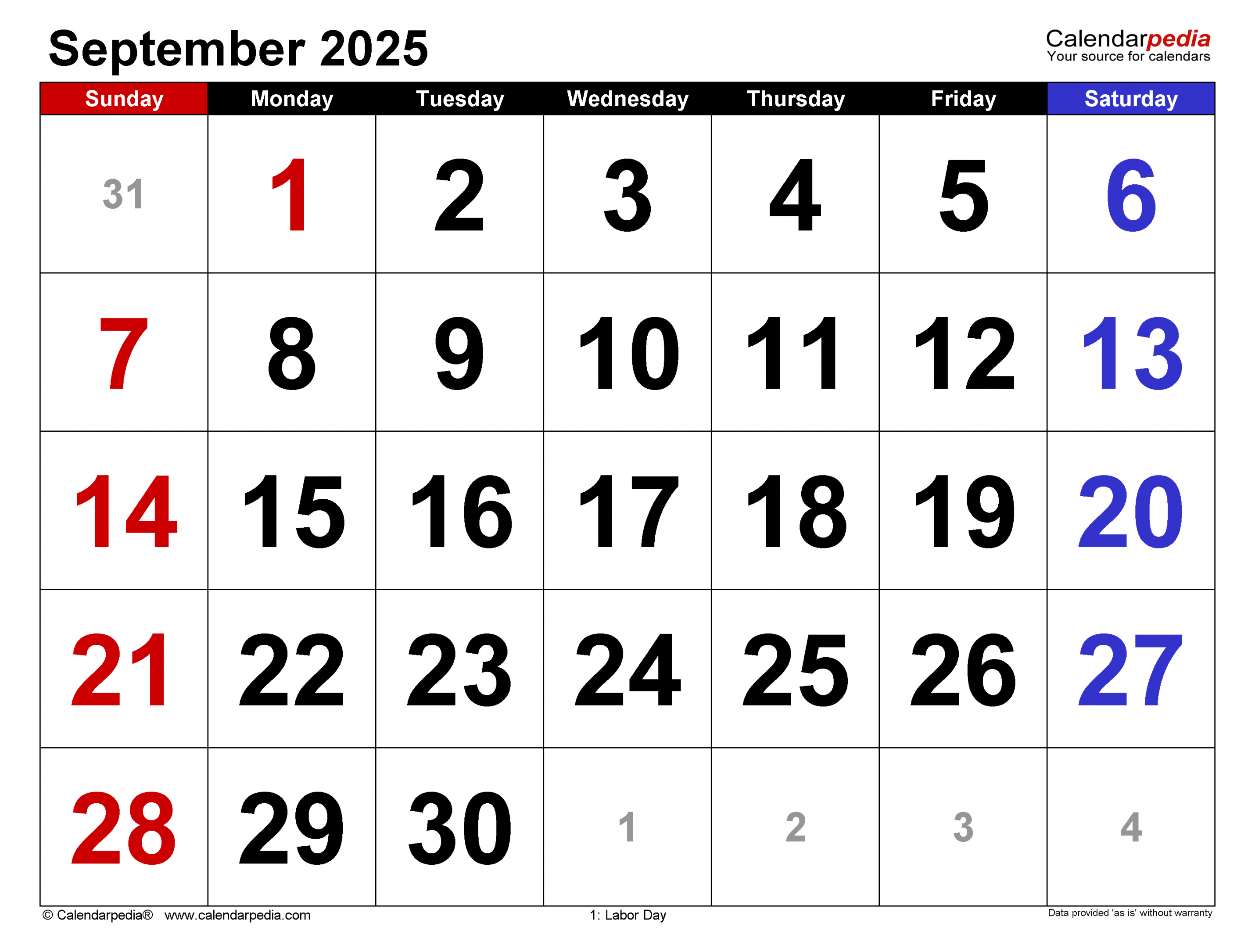 September  Calendar  Templates for PDF, Excel and Word