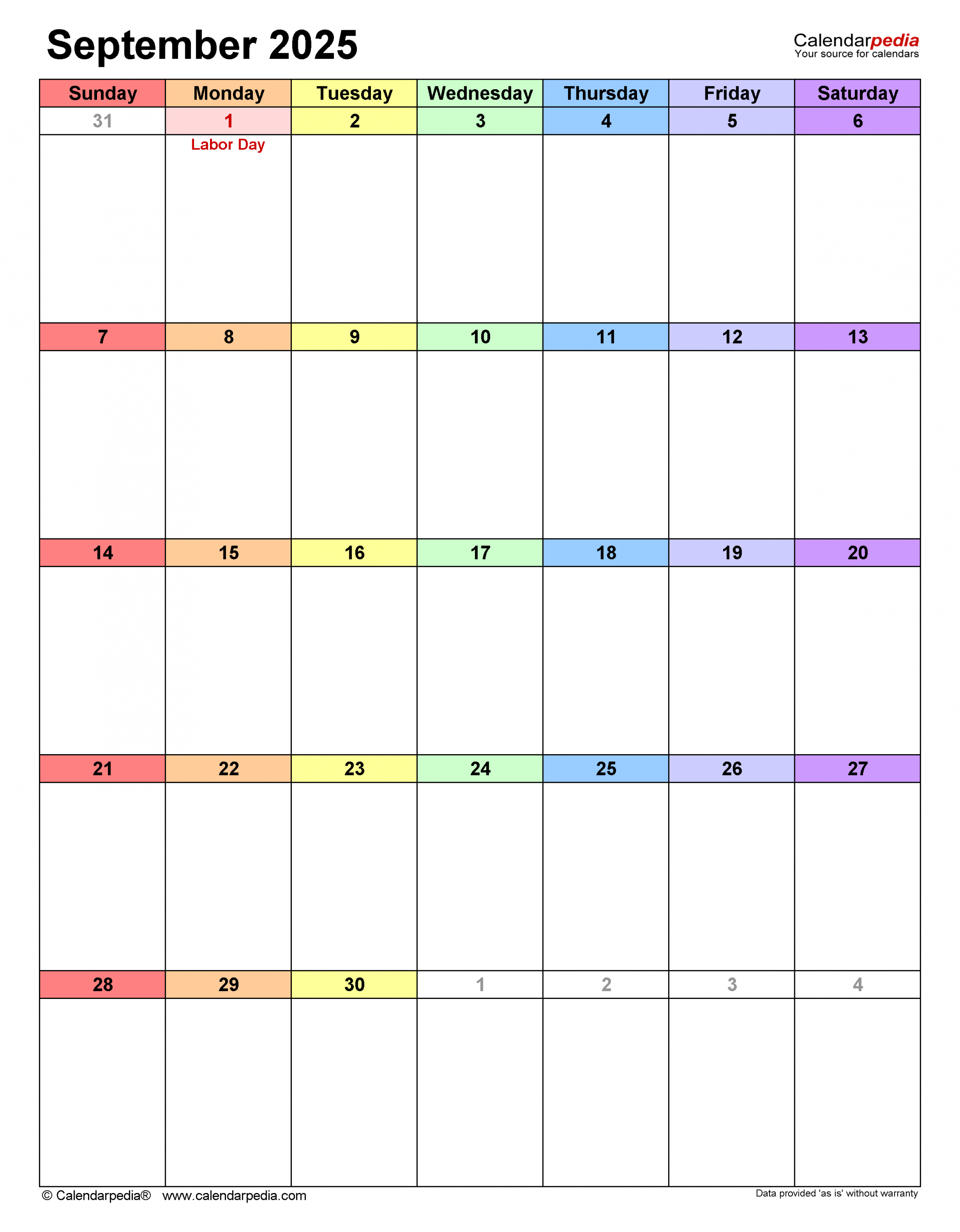 September  Calendar  Templates for PDF, Excel and Word
