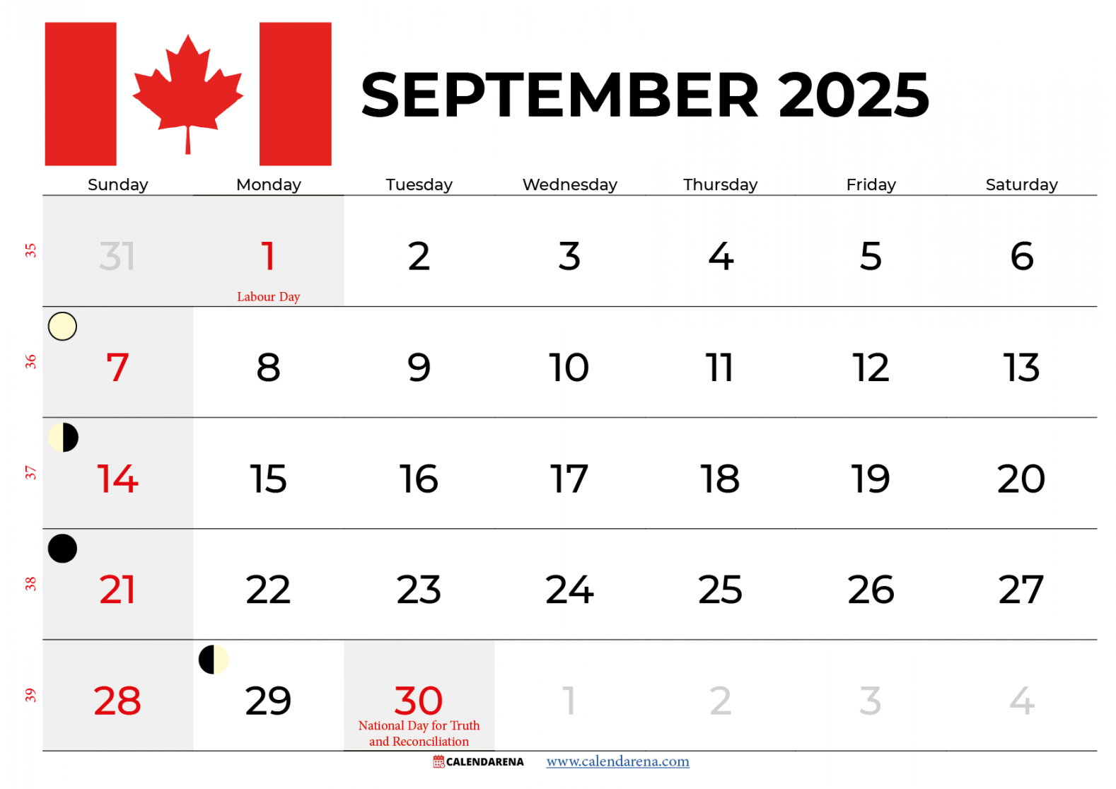 September  Calendar With Holidays Canada