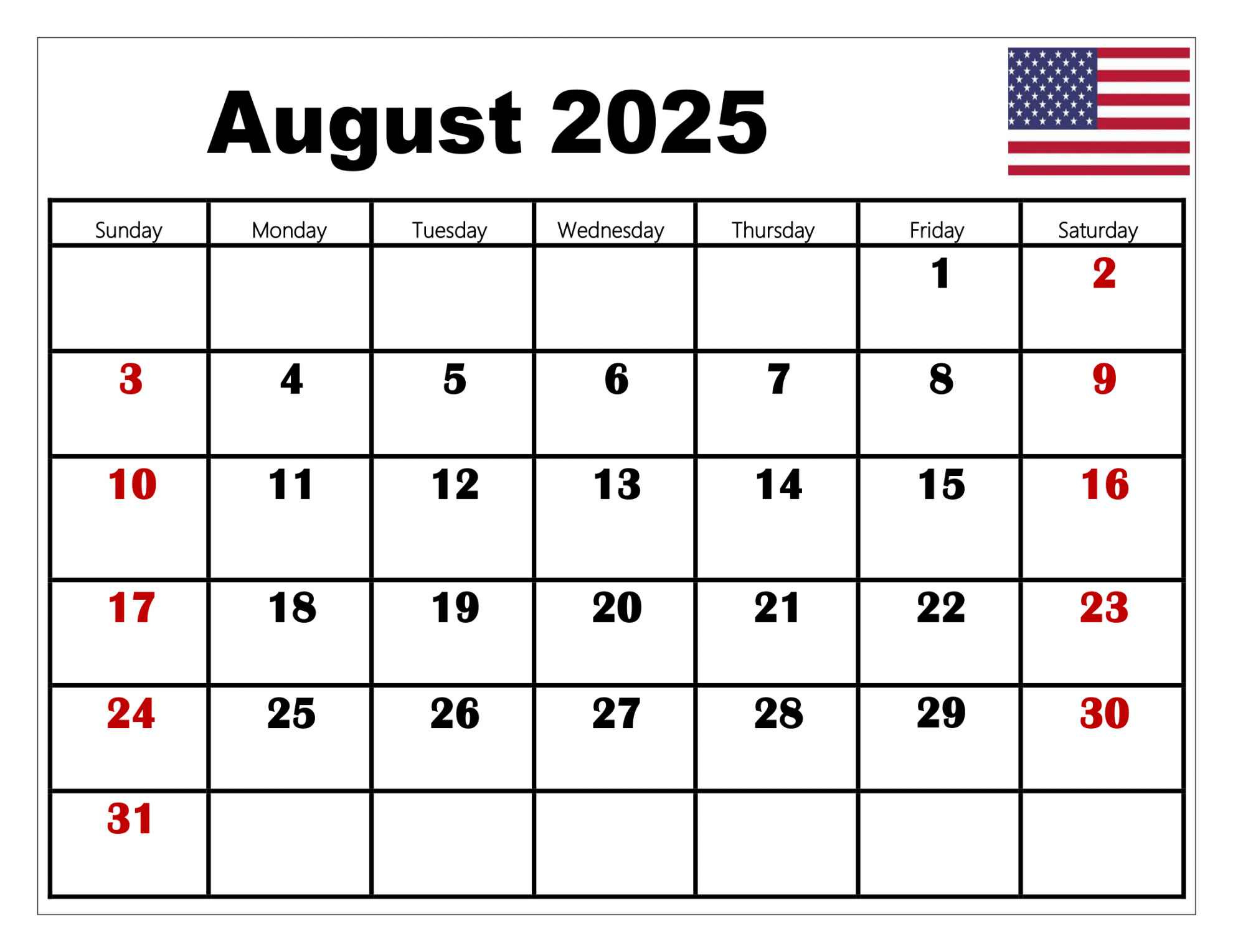 August calendar printable pdf template with holidays