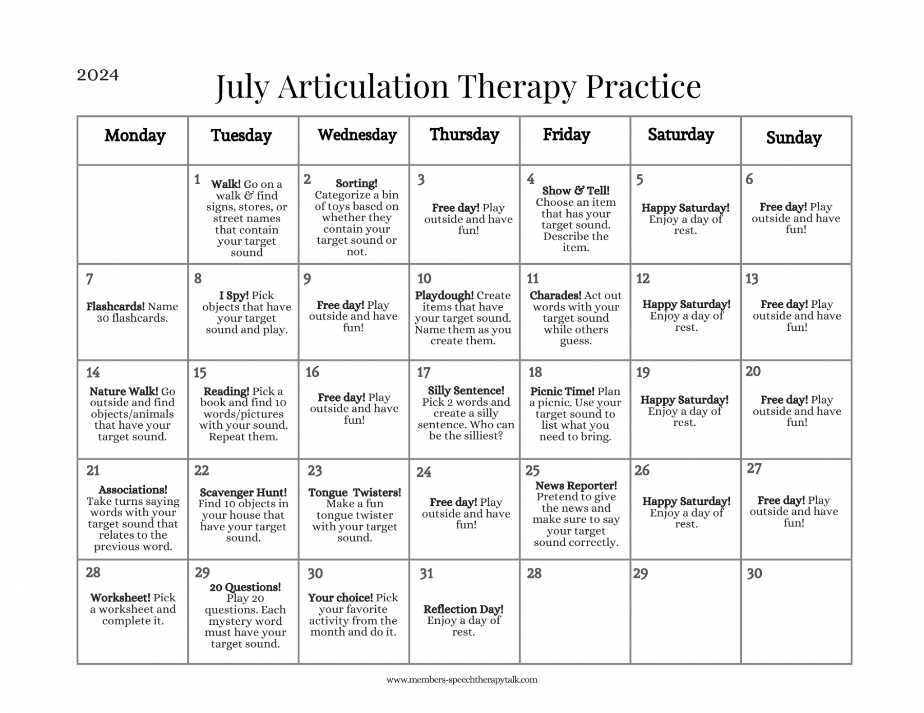 July Articulation Calendar  - Speech Therapy Talk Membership