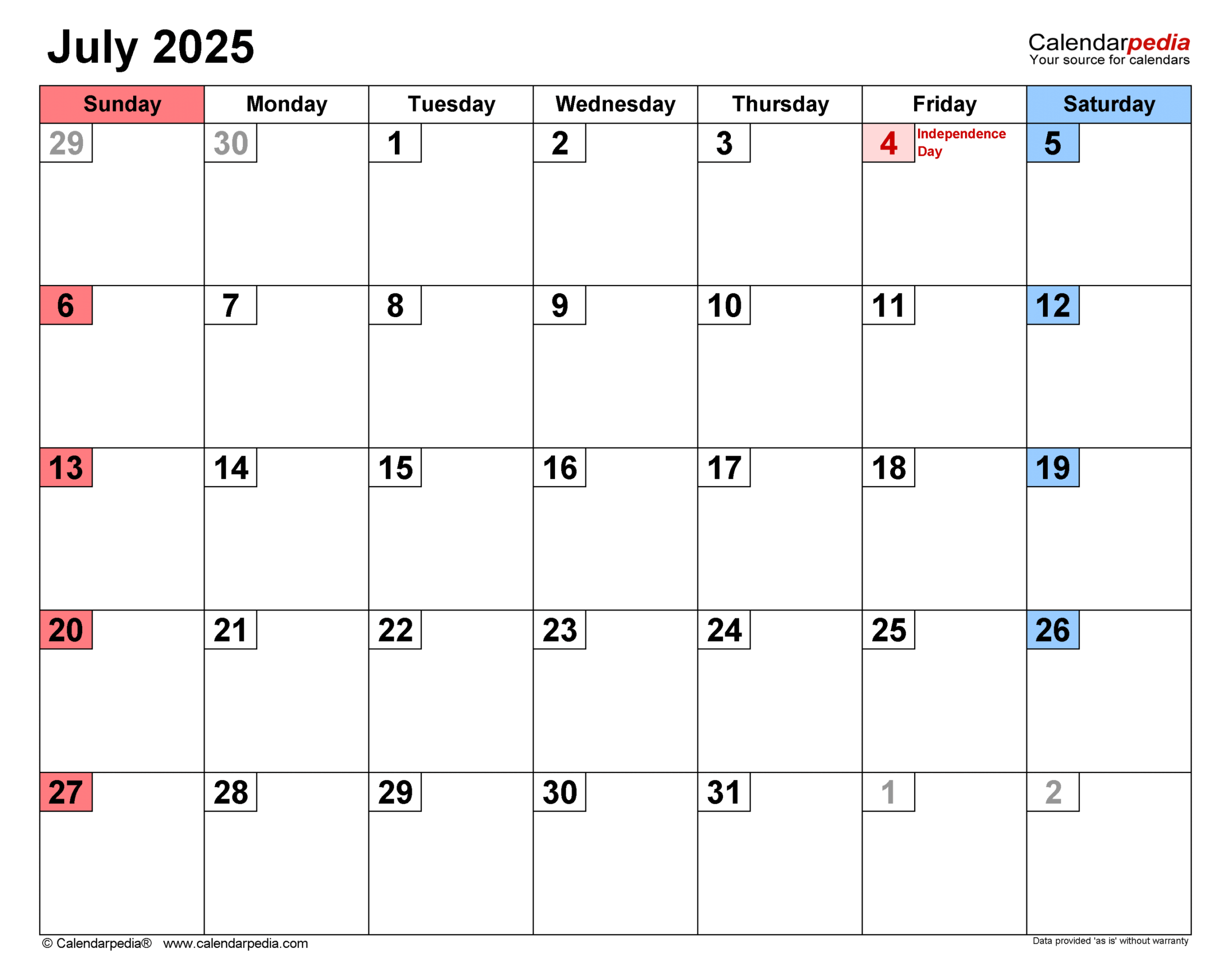 July calendar templates for pdf, excel and word