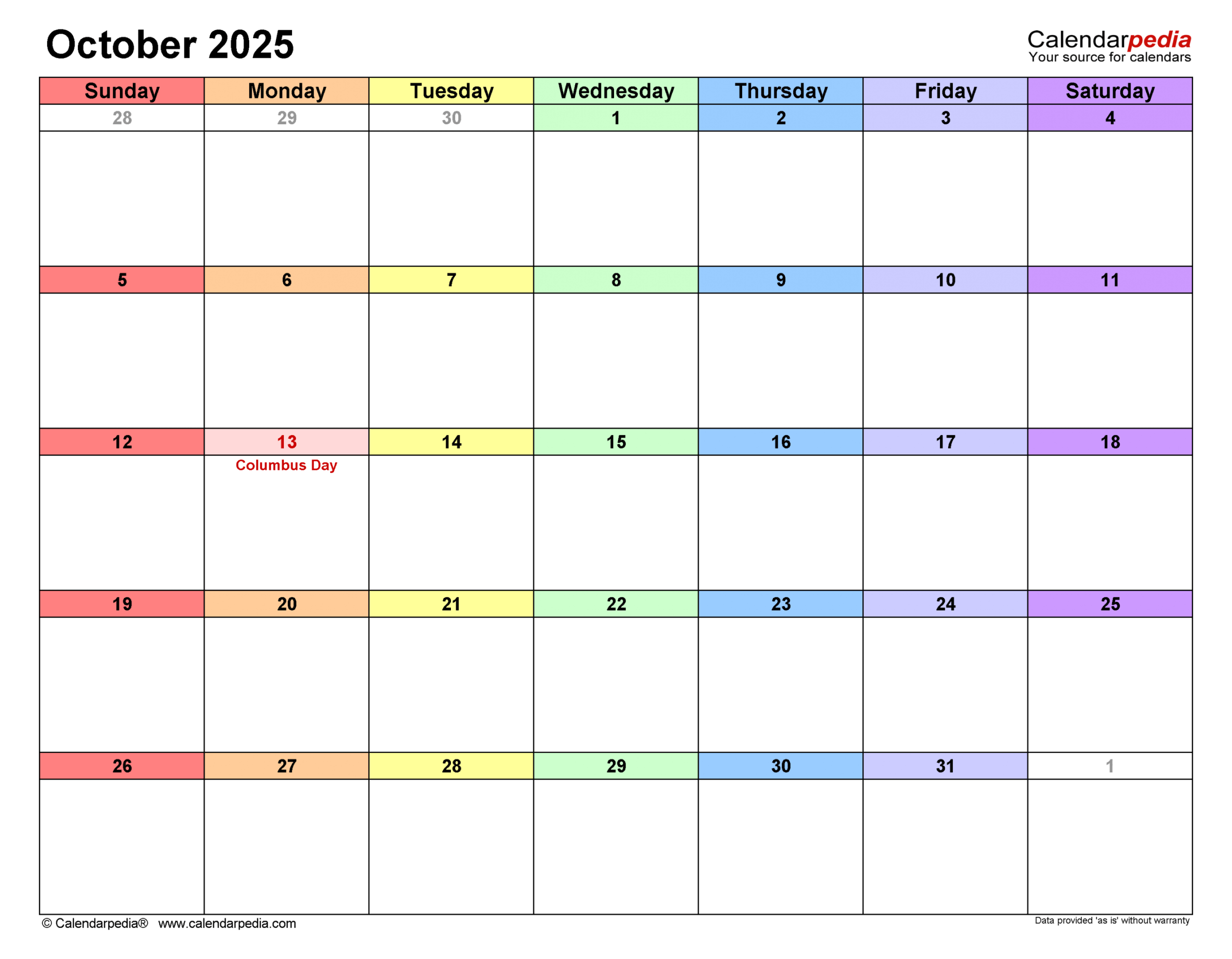October  Calendar  Templates for PDF, Excel and Word