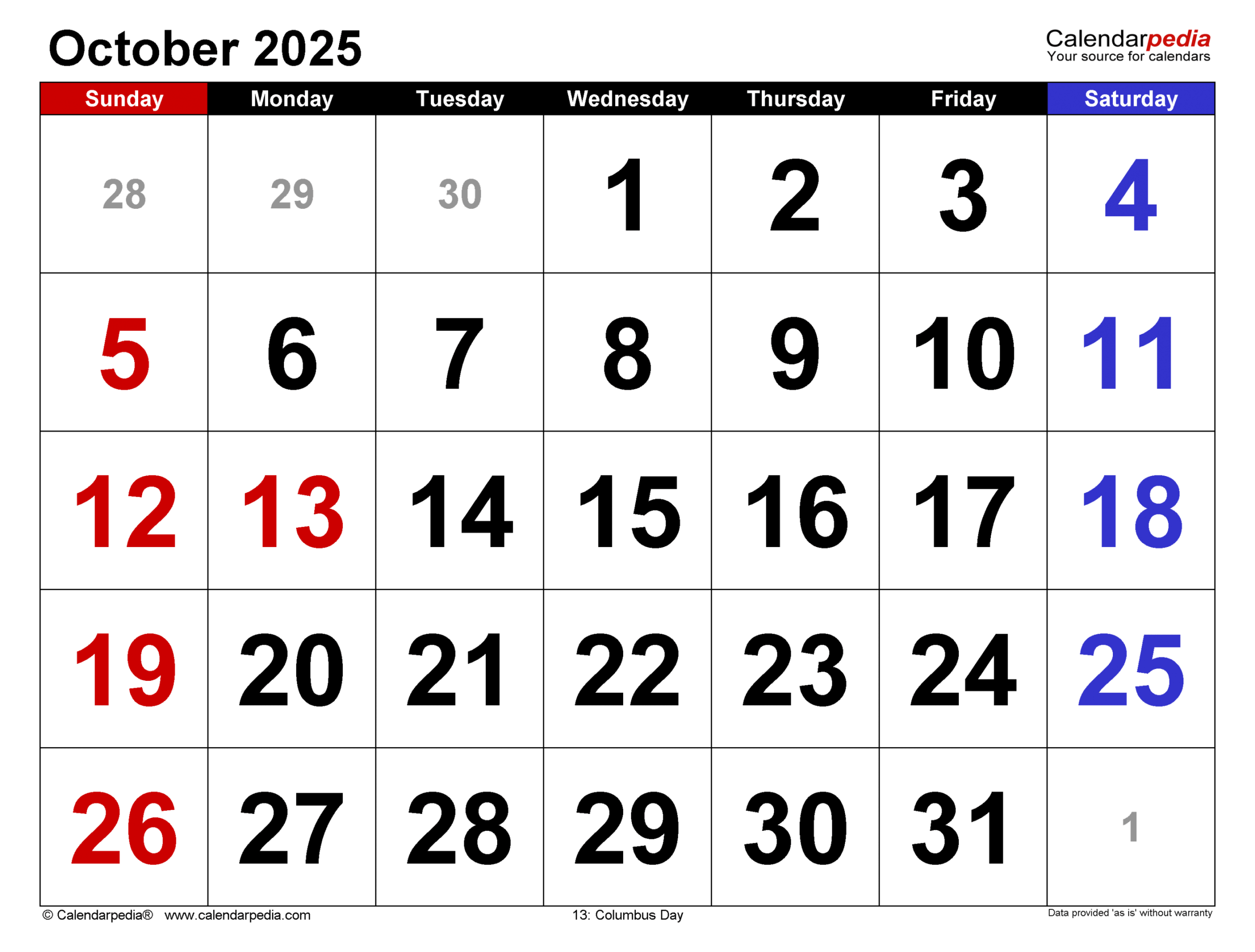 October calendar templates for pdf, excel and word